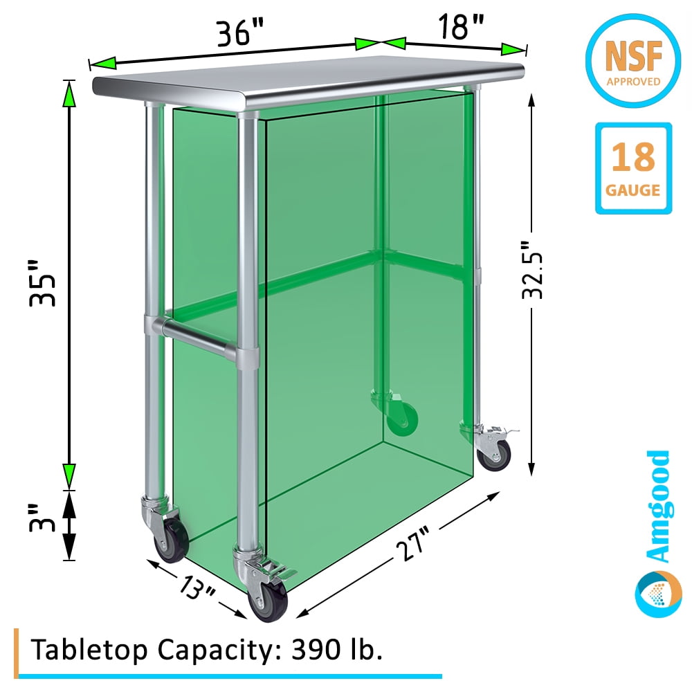 AmGood 36 Long x 30 Deep Stainless-Steel Work Table with Open Base and Wheels, Mobile Metal Table