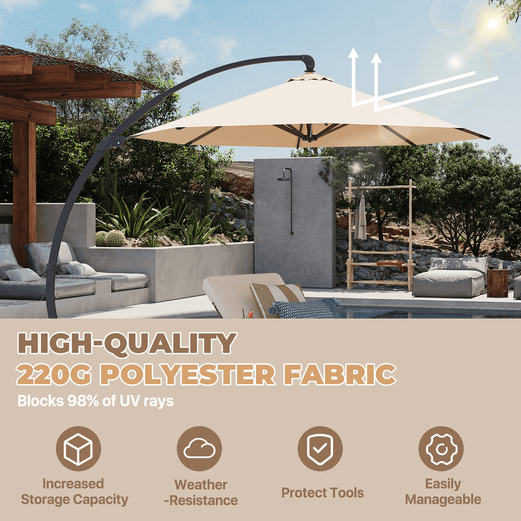 BaPiPro 11ft Offset Cantilever Patio Umbrella with Solar Lights & Base Included, Large Round Heavy Duty Frame Umbrella, 360° Rotation, for Deck Pool Backyard, Beige