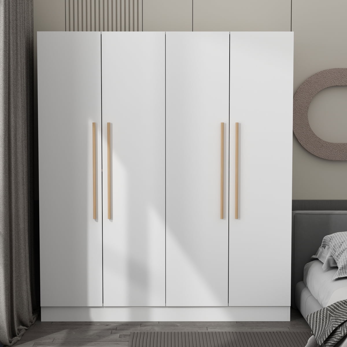 MONSLIPA Wardrobe Closet, 4 Door Wooden Armoire Storage with Hanging Rods for Bedroom, White