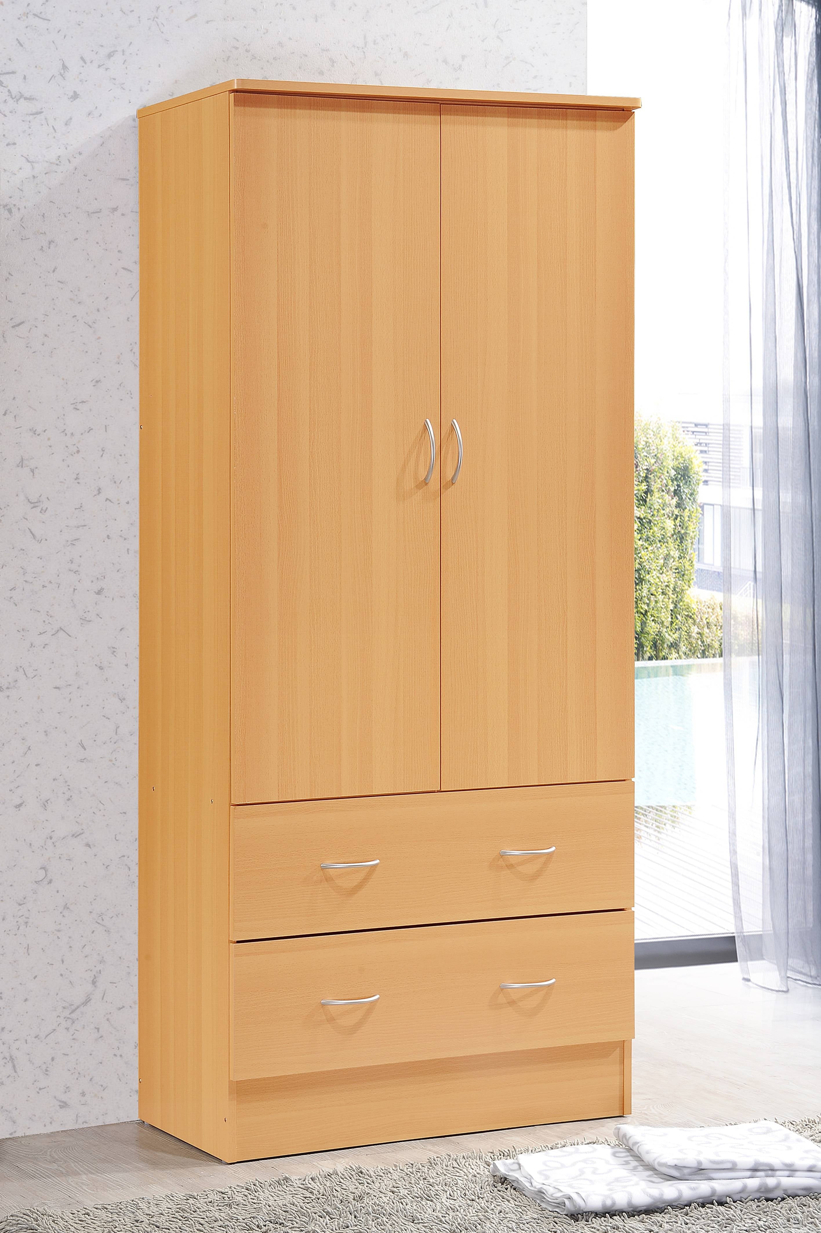 Hodedah 2-Door Armoire with 2-Drawers and Clothing Rod in Black