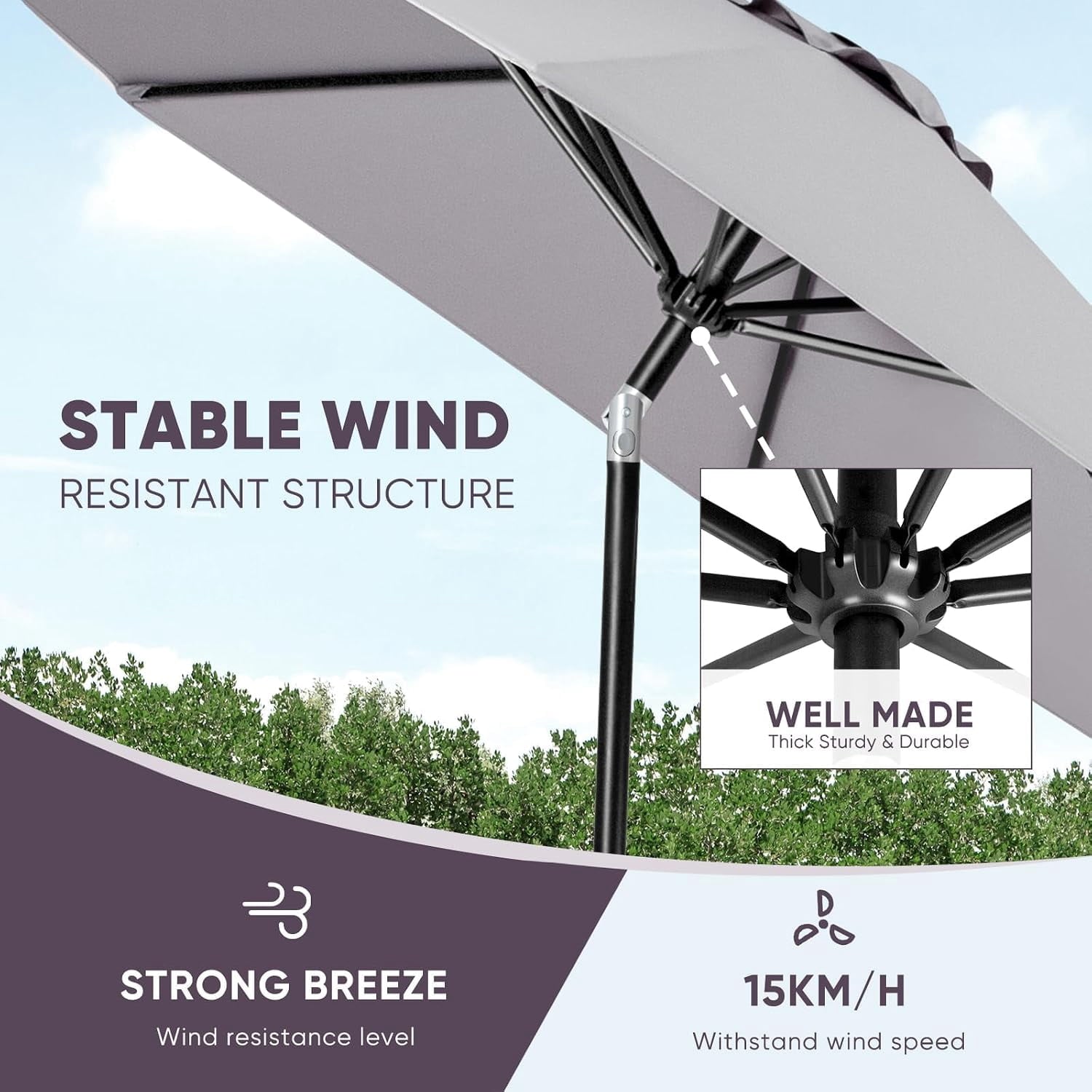 Outdoor Market Table Umbrella with Push Button Tilt and Crank, Large Sun Umbrella with Sturdy Pole and Fade Resistant Canopy