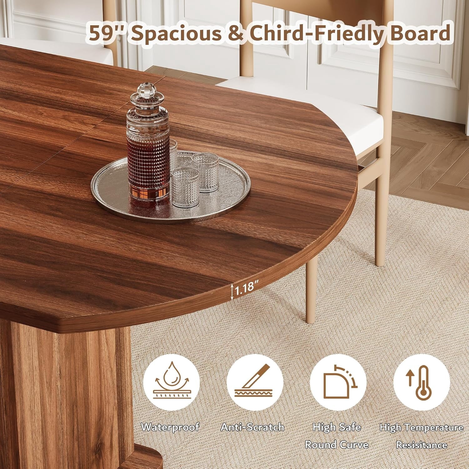 iPormis Extendable Round Dining Table for 4-6, 59'' Modern Kitchen Table with 2-Tier Storage Shelf, Wood Door, MDF Board, Space Saving Oval Dinner with Sturdy Pedestal Base, Kitchen, Dining,Walnut