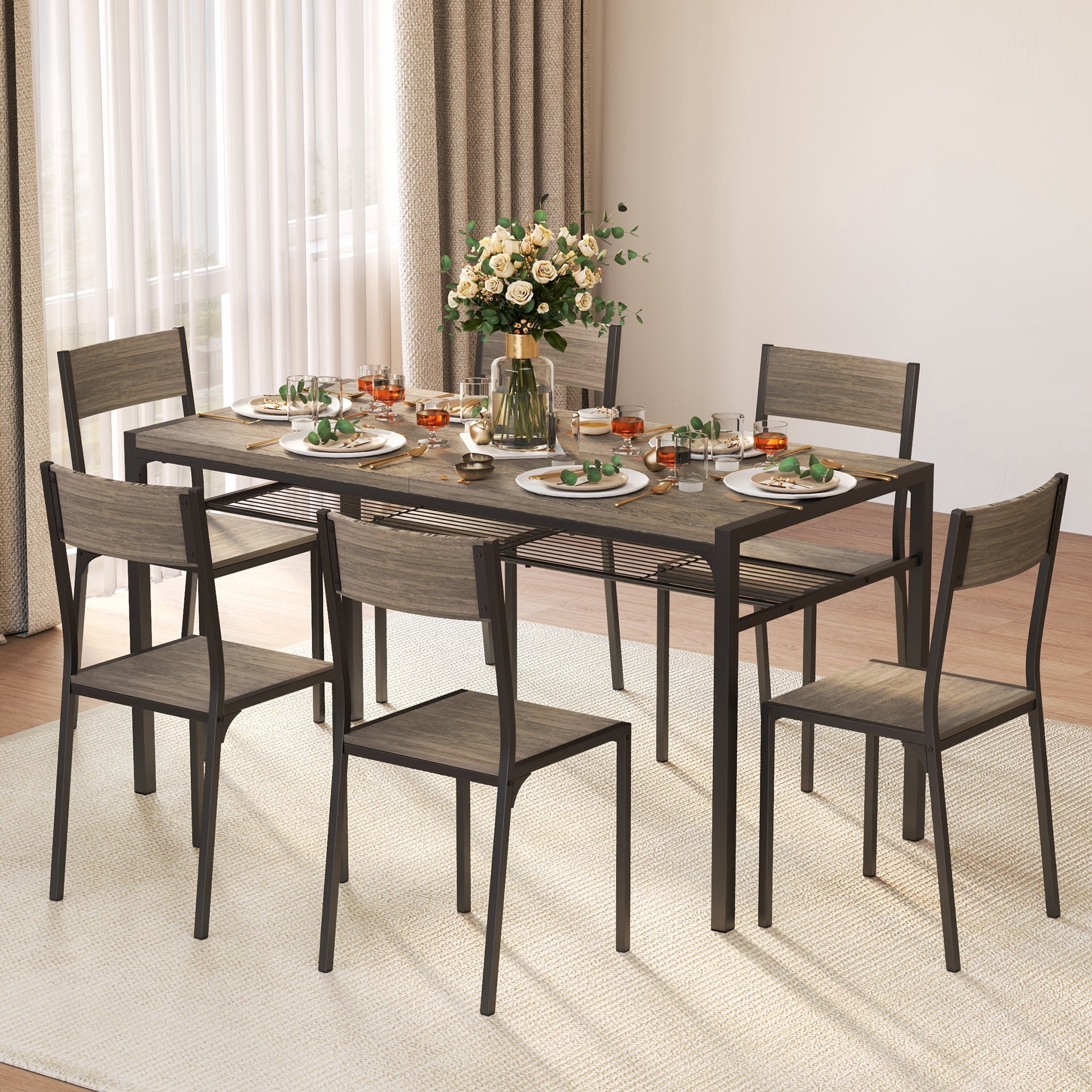 Aiho 7-Piece Dining Table Set for 6, Space-Saving Kitchen Table with Chairs, Compact Dining Furniture for Small Spaces & Apartments, Retro