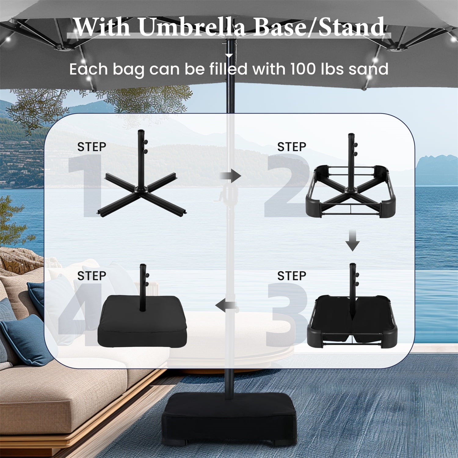 SUMMIT LIVING 15ft Double-Sided Solar Patio Umbrella with Base (Included) Large Outdoor Umbrella with Solar Lights - Beige