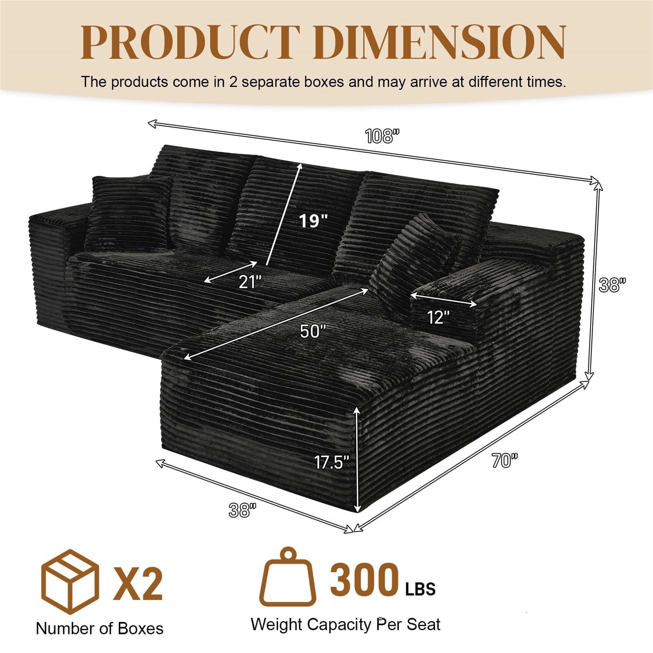 Aukfa 95 Cloud Sectional Sofa Deep Seat Boneless Couch Modular L-Shaped Couch, Left Chaise Corduroy Sofa for Living Room, Black