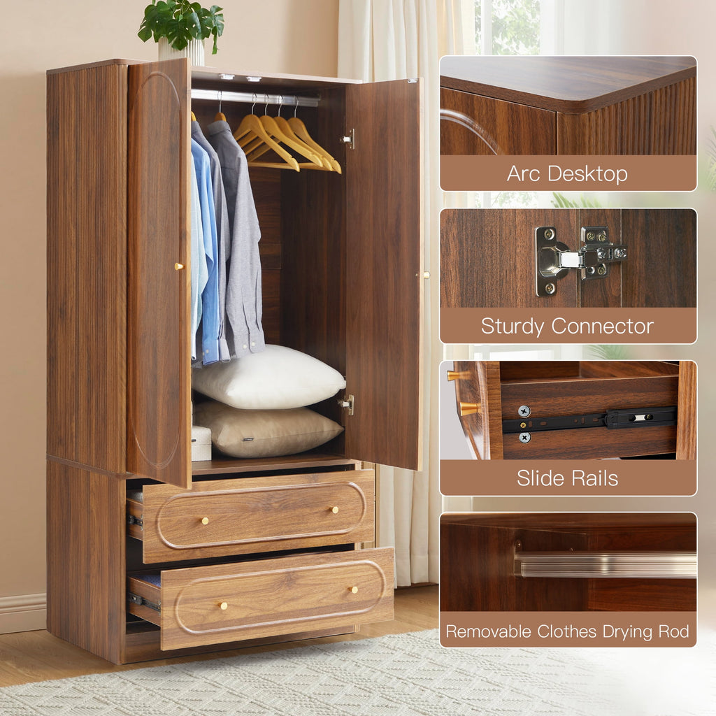Wirrytor Freestanding Wooden Armoire Wardrobe with 2 Woven Doors and Storage Drawers, Space-Saving Closet Cabinet for Bedroom, Sturdy Mdf Board Closet with Hanging Rail