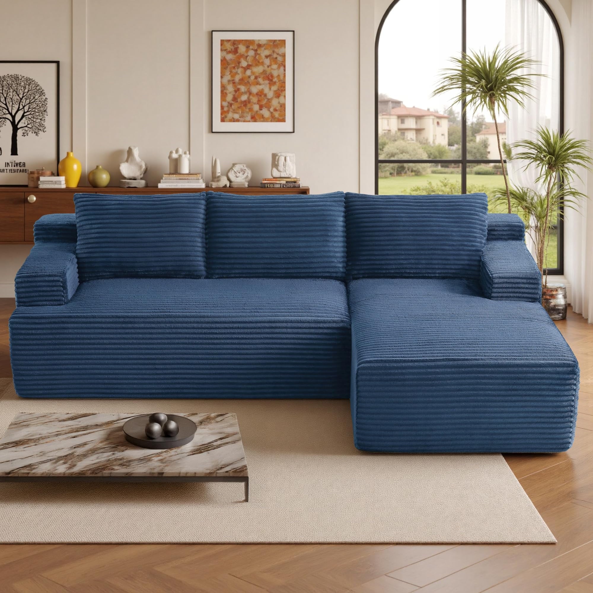 96 L-Shaped Sectional Couches for Living Room, Modular Cloud Couch with Chaise, Corduroy Deep Seat Boneless Sofa, No Assembly, Black