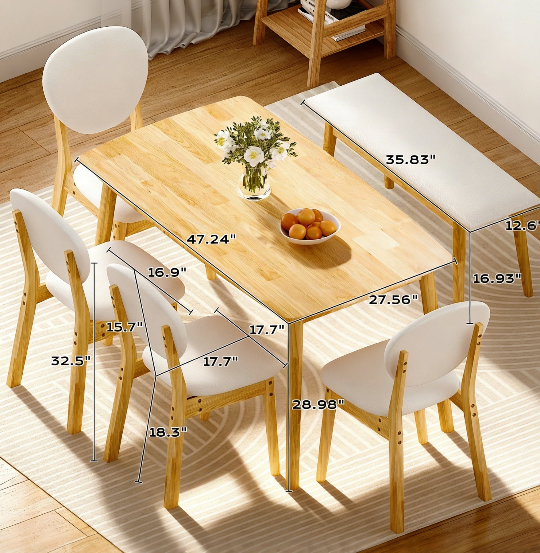 Ktaxon Solid Wood Dining Table Set for 6, Mid-Century Dining Room Table with 4 Padded Chairs & Bench, 47.3 Dining Room Set for 4~6 Family Use, Natural Wood