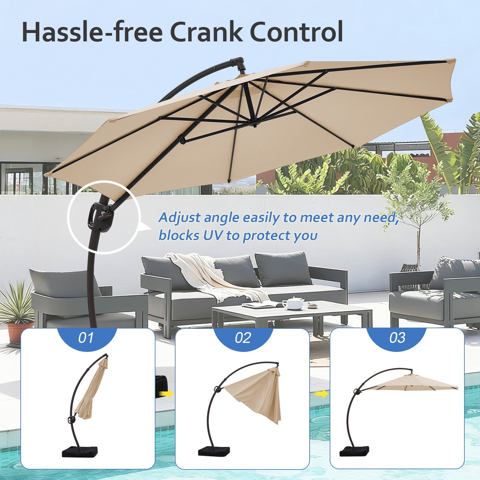 FUNDAZE 11ft Market Patio Umbrella with Base, Curved Cantilever Hanging Sun Shade with Crank & Tilt for Garden, Deck, Poolside,Beige