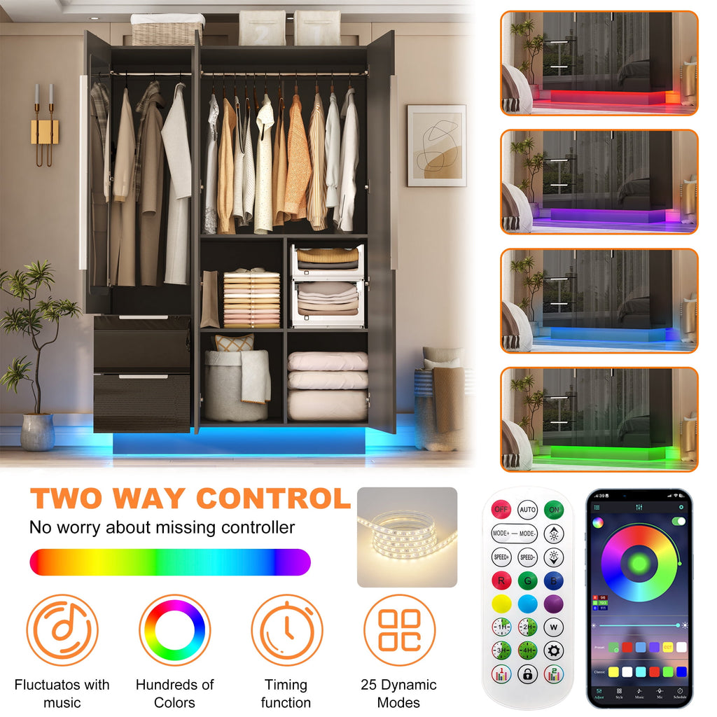 ANPOO 3 Door Wardrobe Closet with 2 Drawers & Mirror, 70H High Gloss LED Wardrobe Armoire with Hanging Rod, Wooden Large Freestanding Storage Wardrobe for Bedroom, High Gloss White Armoire