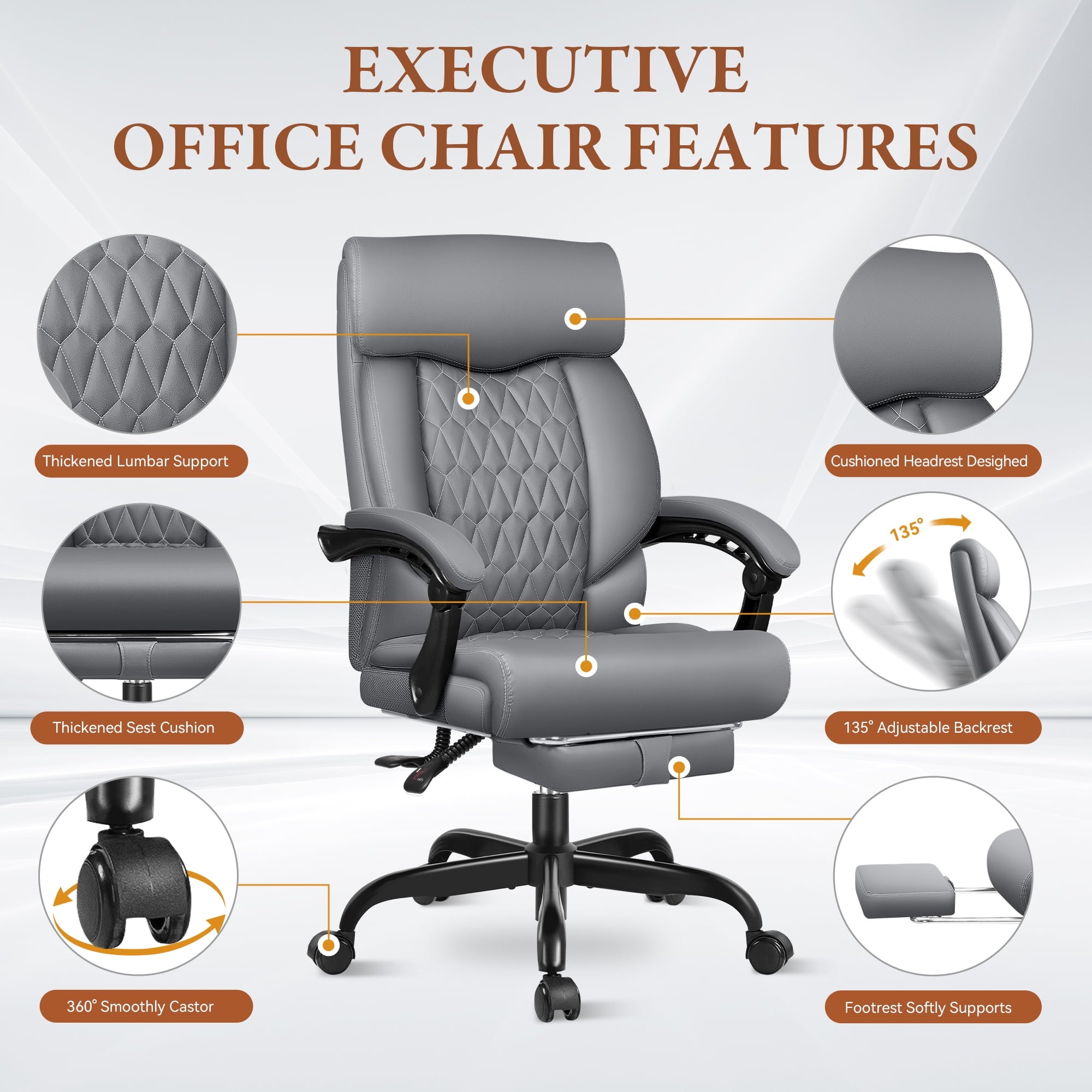 FASTES Executive Office Chair, Ergonomic Desk Chair with Adjustable Armrests, Computer Leather Chair Big and Tall Office Chair with Footrest and Lumbar Support, Brown