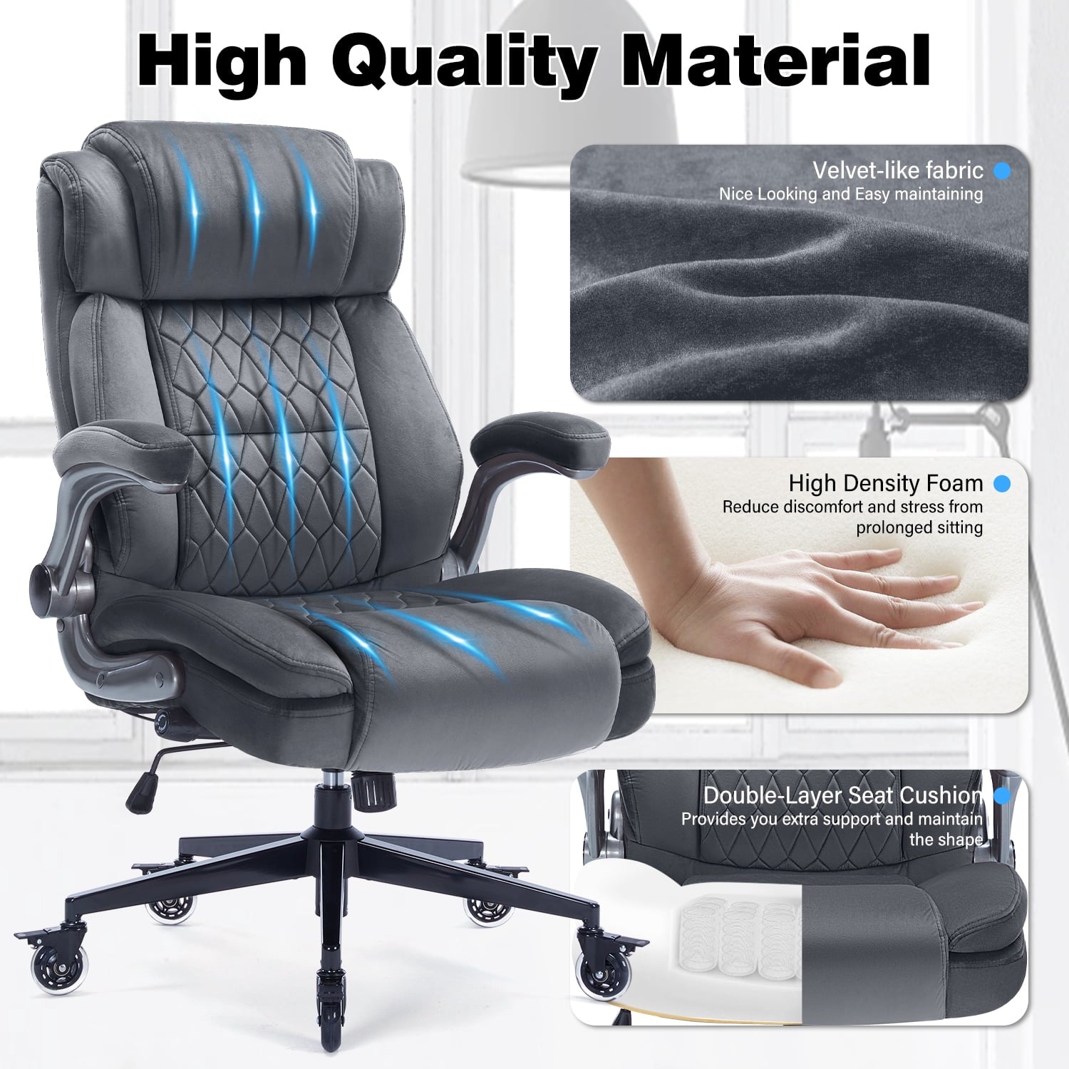 High Back Office Chair with Lockable Wheels, 400lbs Large Fabric Executive Desk Chair, Adjustable Lumbar Support Flip up Arms, Ergonomic Home Office Computer Chair with Storage Pocket, Black