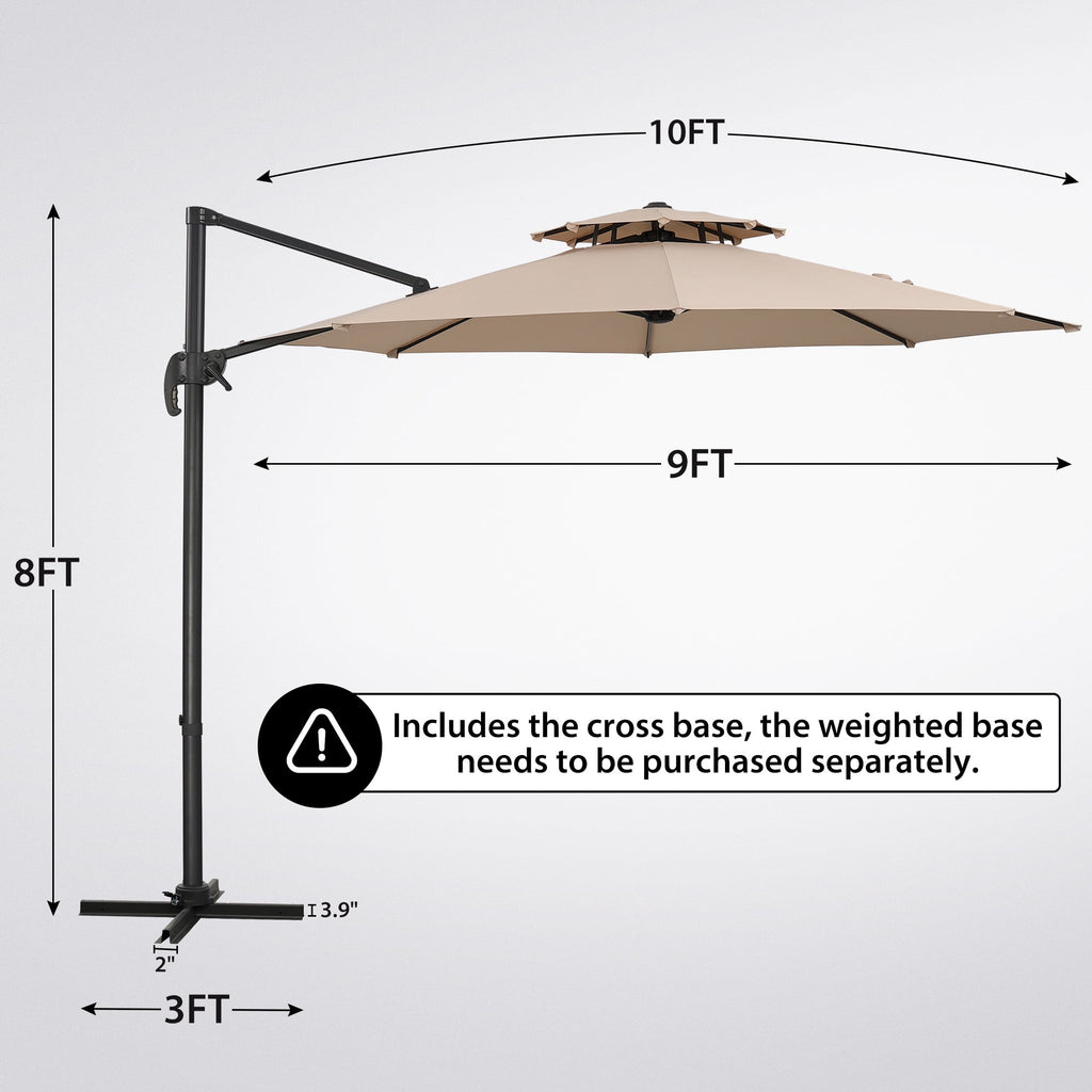 Ainfox 10ft Double Top Heavy-Duty Patio Cantilever Umbrella with lights and Cross Base, Outdoor Large Offset Hanging Aluminum Rotation Sun Shade Solar Umbrella with 360°Rotation Adjustable,Khaki