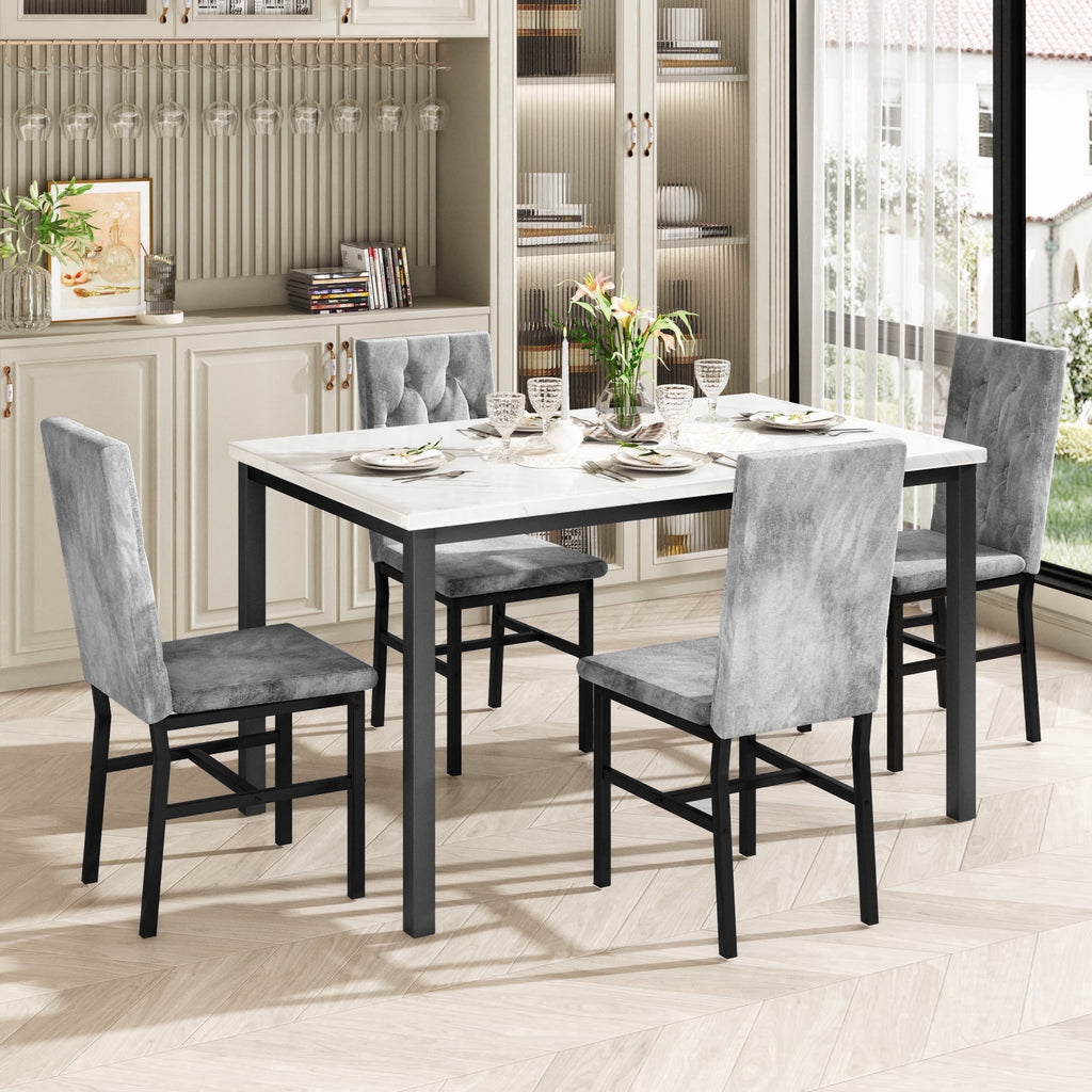 AWQM 5 Piece Dining Table Set, Faux Marble Kitchen Table and Chairs for 4, Dining Room Table Set with 4 PU Leather Chairs, White