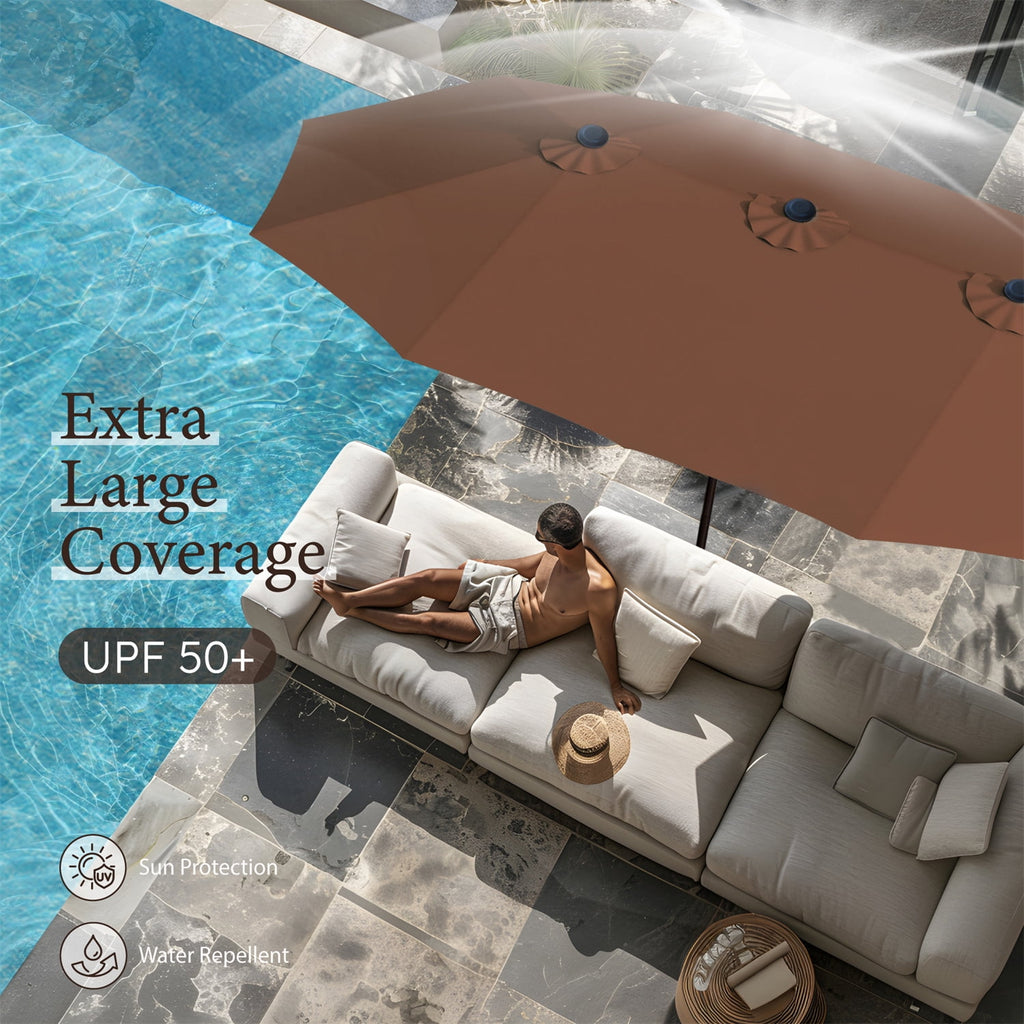 SUMMIT LIVING 15 ft Large Patio Umbrella with Base (Included) Double-Sided Rectangular Outdoor Deck Umbrella for Outside - Beige