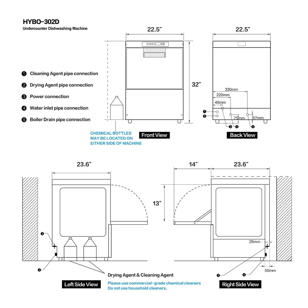 Commercial-Grade Dishwasher/Glasswasher with Plug, Built-in Booster & Drain Pump, Built-in Detergent & Rinse Aid Pumps, Up to 40 Racks/Hr, 208~240V