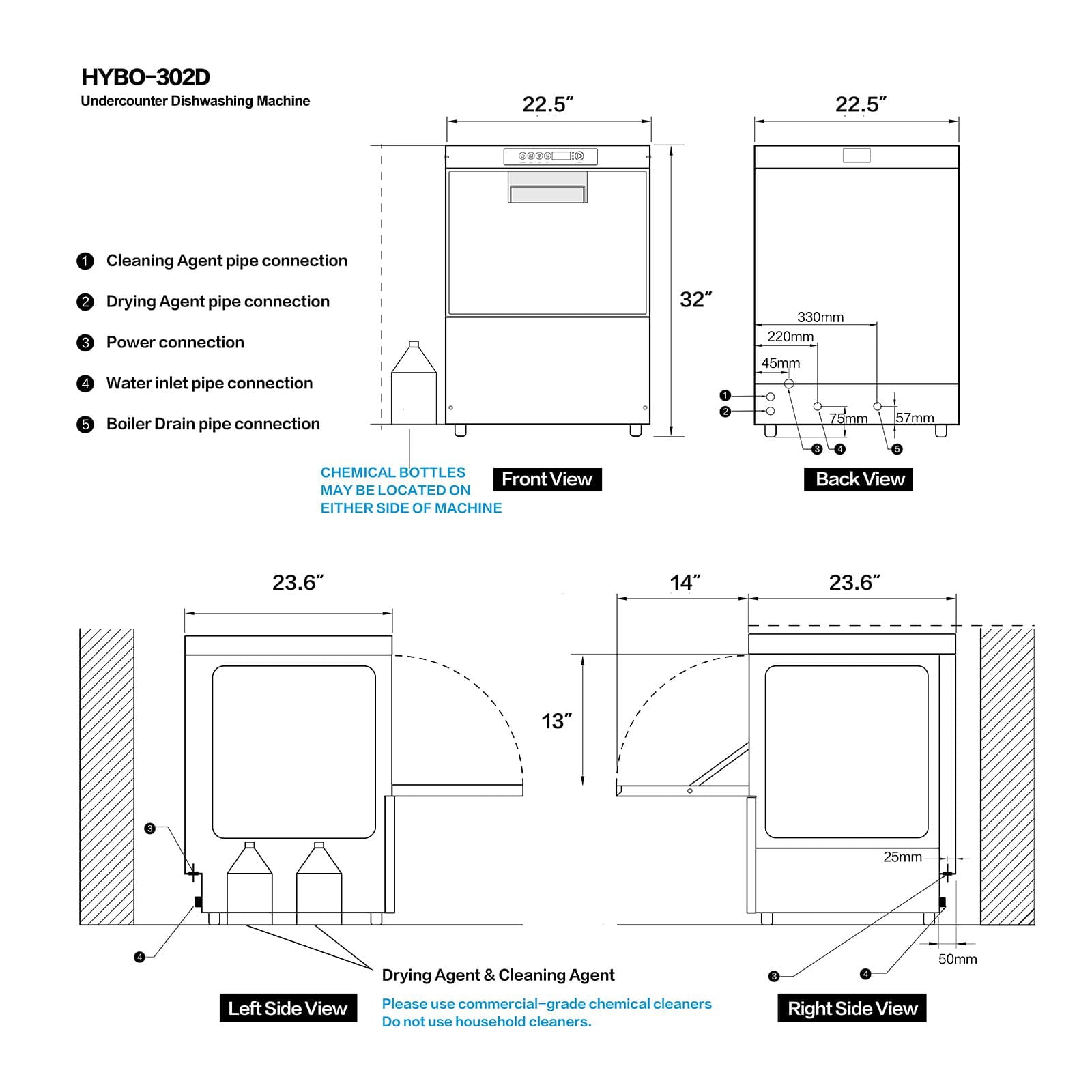 Commercial-Grade Dishwasher/Glasswasher with Plug, Built-in Booster & Drain Pump, Built-in Detergent & Rinse Aid Pumps, Up to 40 Racks/Hr, 208~240V