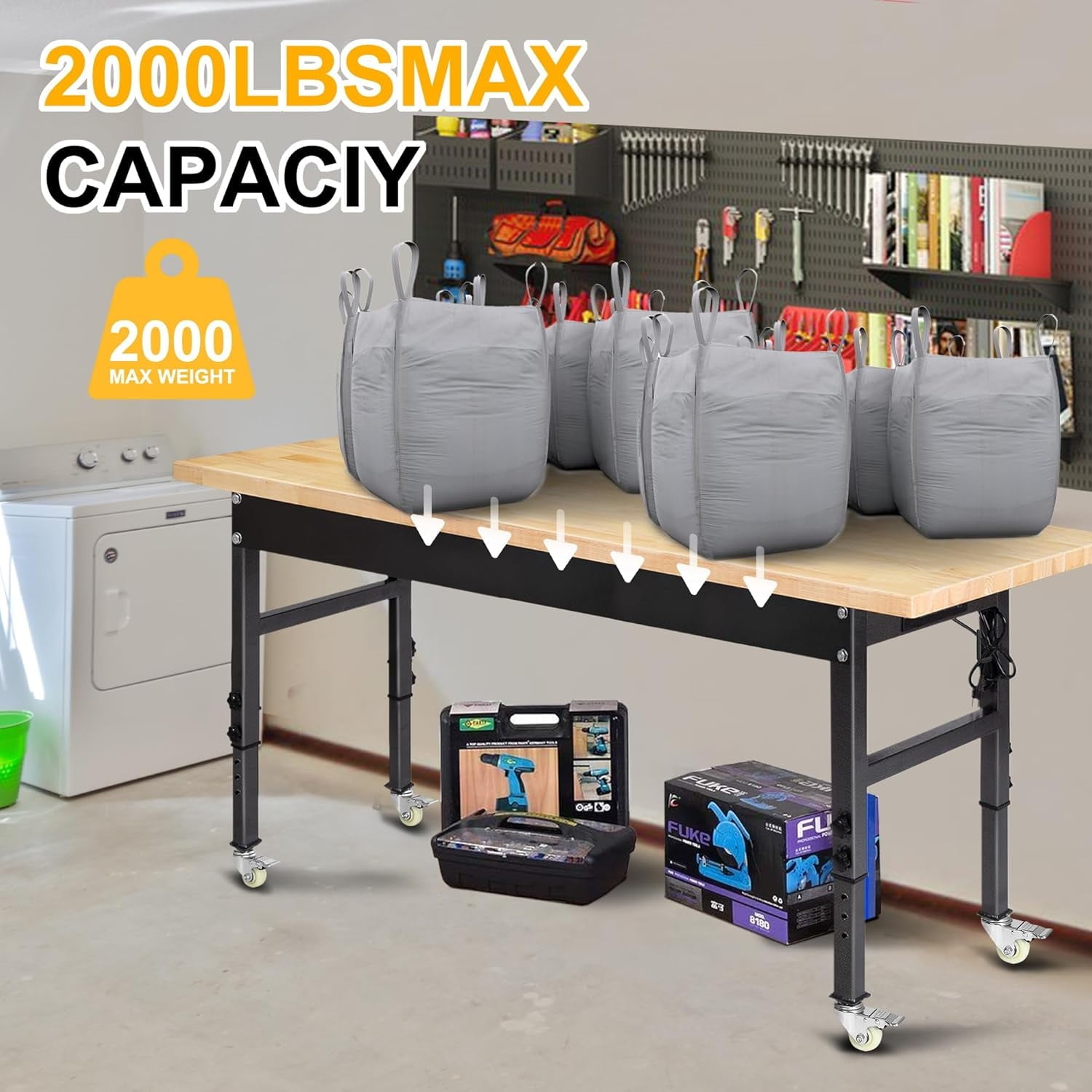 NETAJE 60 Heavy-Duty Work Bench Adjustable Workbench Work Table 2000 lb Load Capacity w/ Power Outlets for Garage, Workshop, Workstation