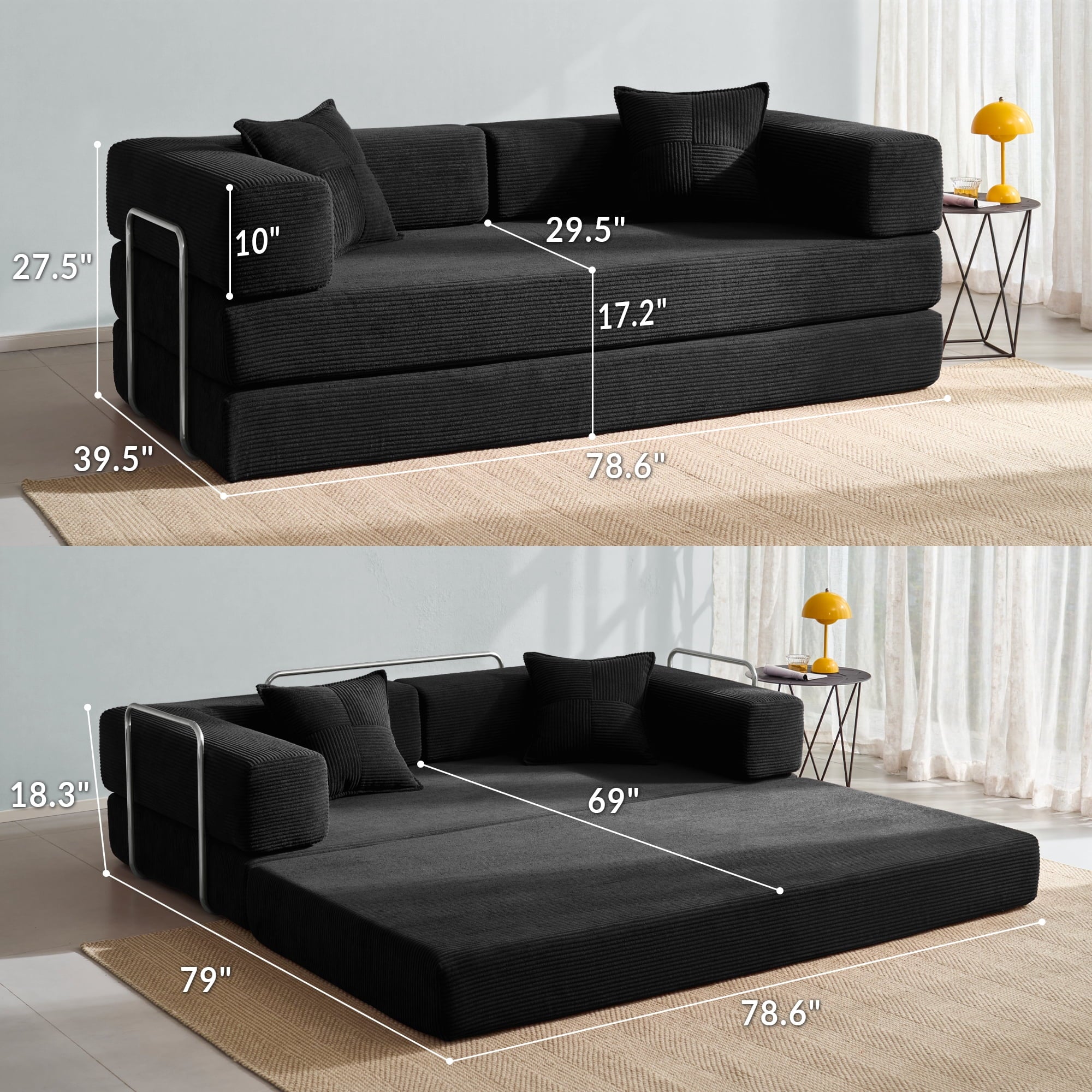 YINIX 78,6 Convertible Sofa Couch with 2 Pillows, Sleeper Sofa Bed for Living Room, Small Spaces, Orange
