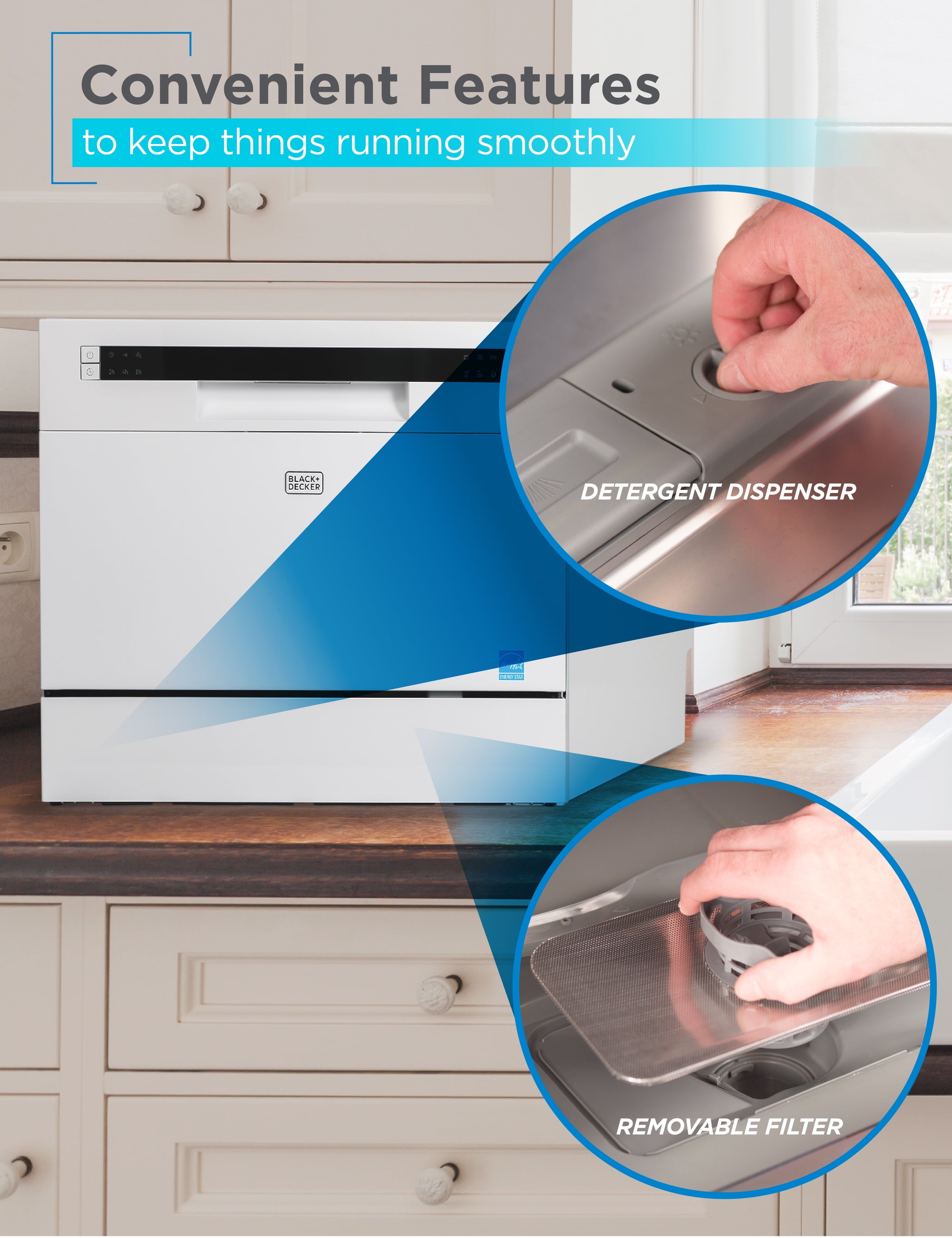 BLACK+DECKER 6-Place Setting Compact Countertop Dishwasher, Accommodates up to 10-In. Dinner Plates, BCD6W