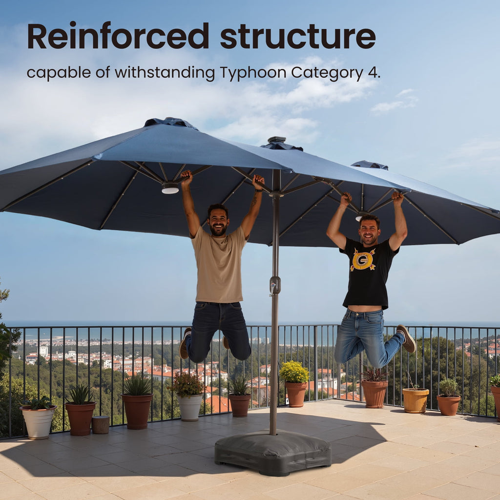 Ovios 15ft Solar LED Patio Umbrellas Double-Sided Outdoor Umbrella 36 LED Lights Large Poolside Umbrella with Base for Outside, Market, Backyard, Dark Grey