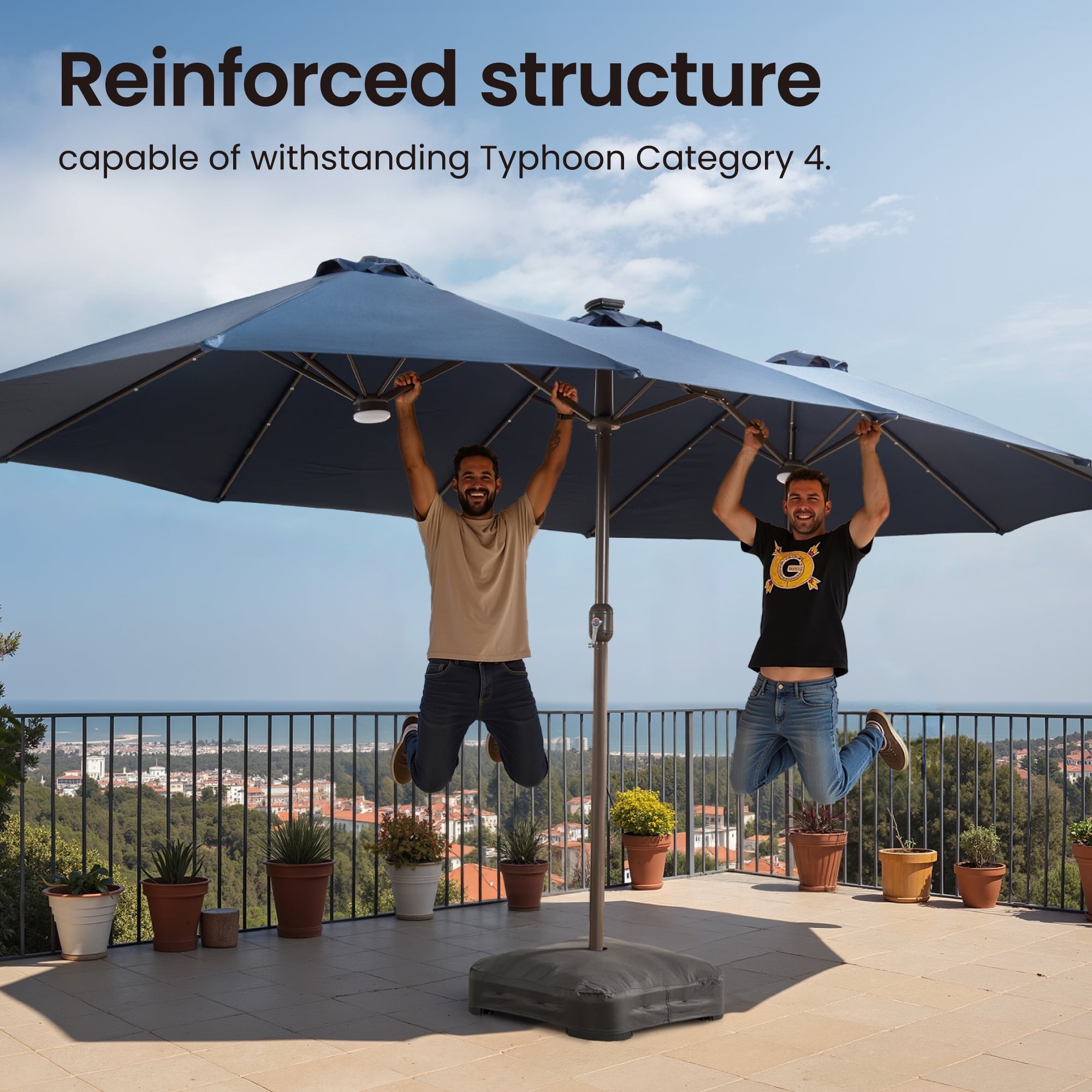 Ovios 15ft Solar LED Patio Umbrellas Double-Sided Outdoor Umbrella 36 LED Lights Large Poolside Umbrella with Base for Outside, Market, Backyard, Dark Grey