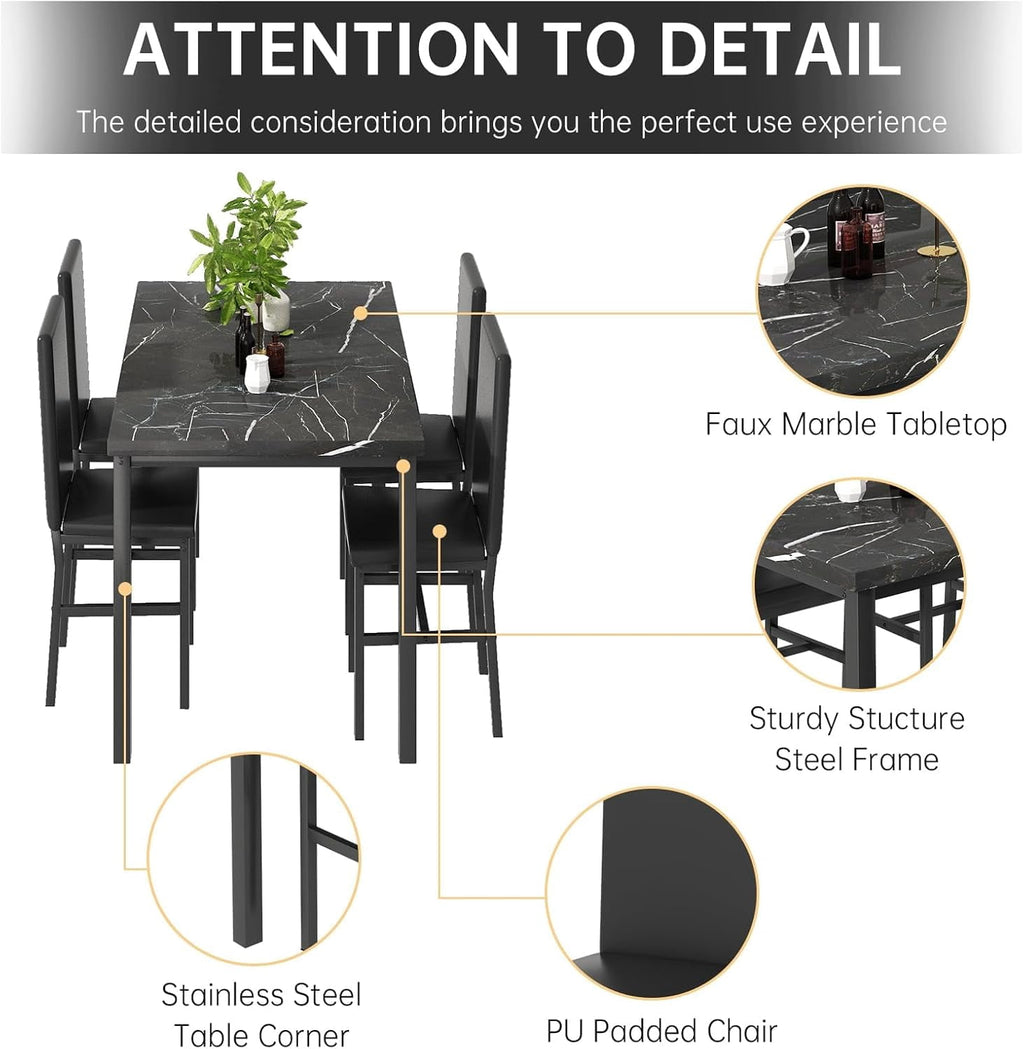 MIERES 5-Piece Dining Table Set for 4, Faux Marble Kitchen Table and 4 Chairs, Modern Dining Room Table with 4 Chairs, Dinner Table Set for Small Spaces, Brown