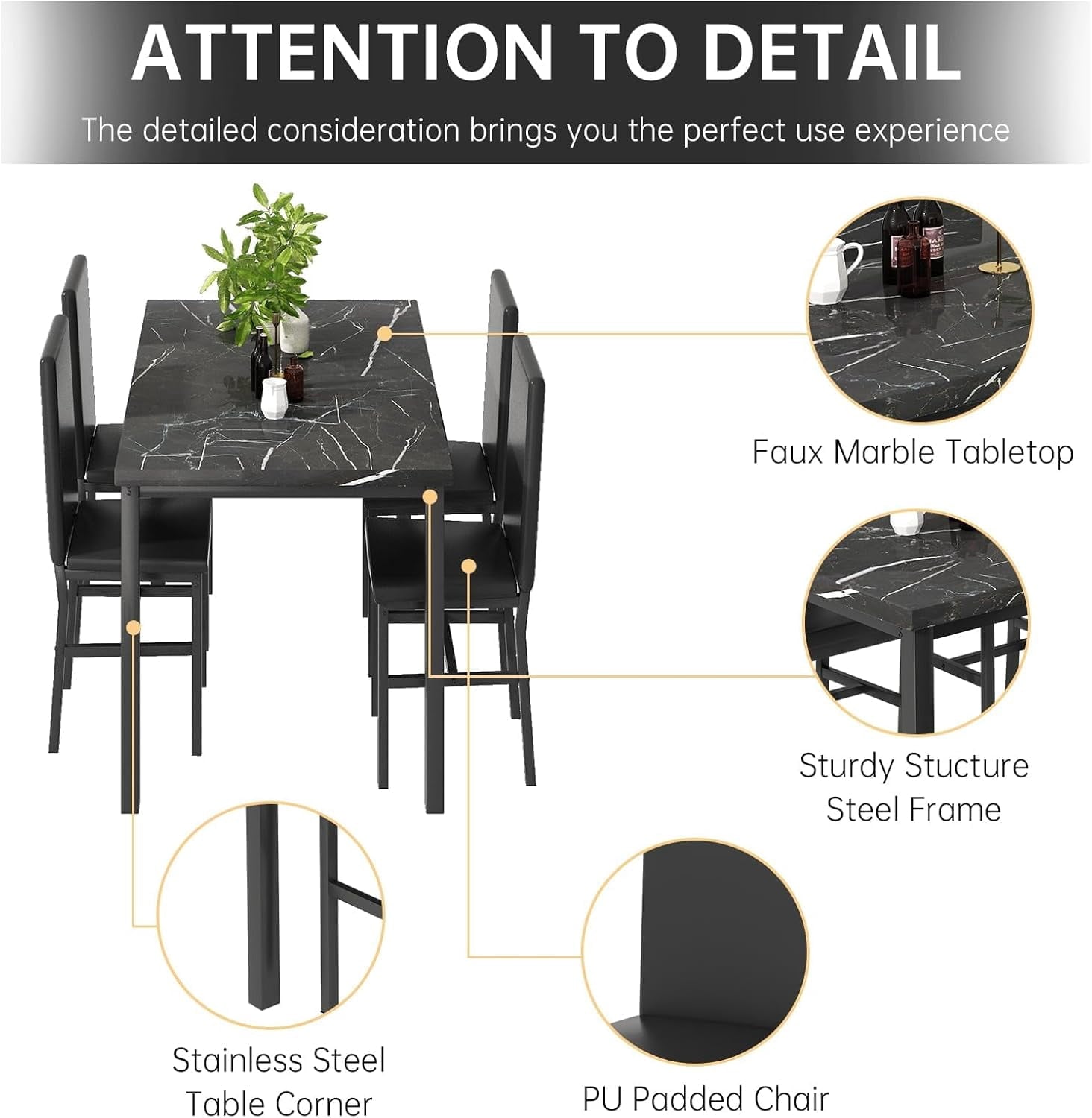 MIERES 5 Piece Dinning Table Sets for 4, Marble Kitchen Table and Chairs for 4,Dining Room Table Set with PU Leather Chairs,Faux Marble Dining Set for Small Spaces,Living Room,White+Brown