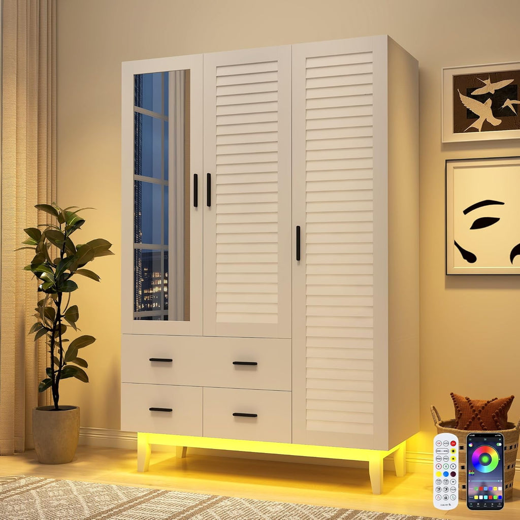 Blotout 70 Armoire Wardrobe Closet with Mirror & LED Lights, LED White Louver Door Wardrobe Armoire with 3 Drawers & Hanging Rods, Large 3 Doors Armoire Storage with Multi-Layer Shelves