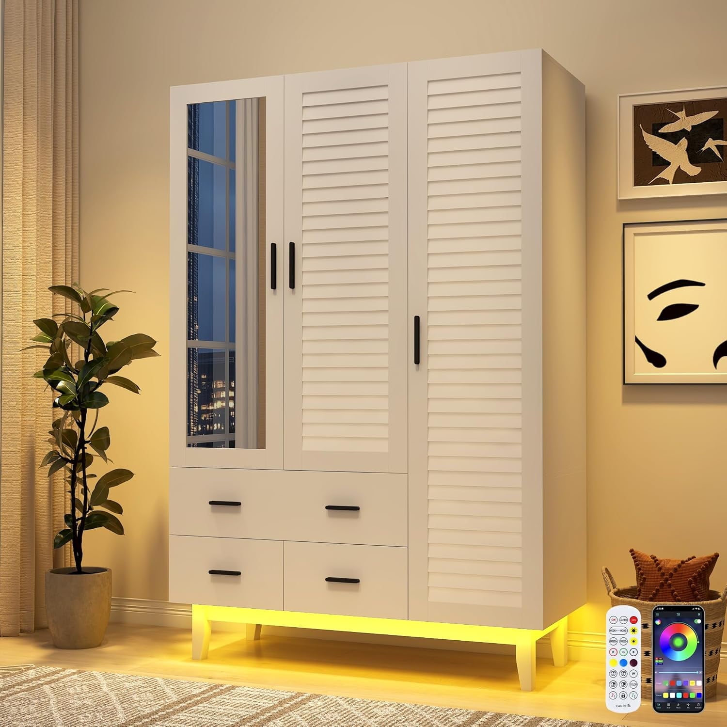 Blotout 70 Armoire Wardrobe Closet with Mirror & LED Lights, LED White Louver Door Wardrobe Armoire with 3 Drawers & Hanging Rods, Large 3 Doors Armoire Storage with Multi-Layer Shelves