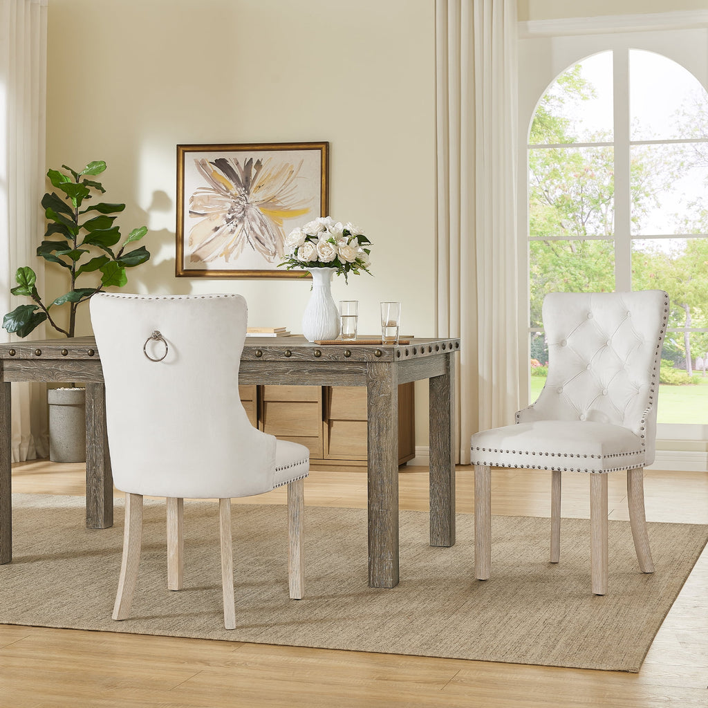 Farmhouse Dining Table Set for 6, Rectangular Wooden Table& 6 Upholstered Kitchen Chairs with Nailhead Accents for Dining Hub,Breakfast Nook