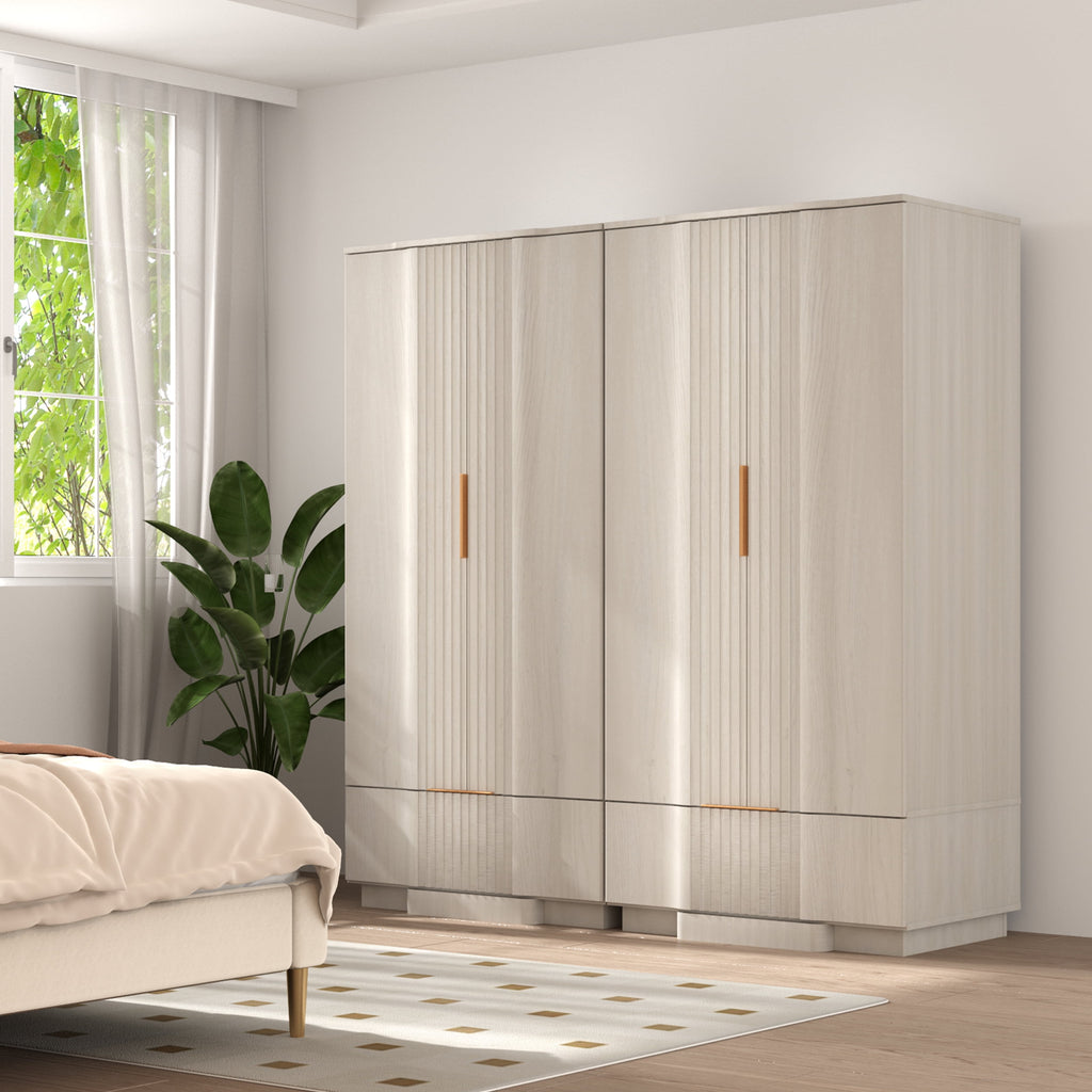 Brafabhome 67H Fluted Armoire Wardrobe Closet with Drawer, Wooden 2 Doors Wardrobe Cabinet with Hanging Rod & Adjustable Shelf for Bedroom | Whitewash