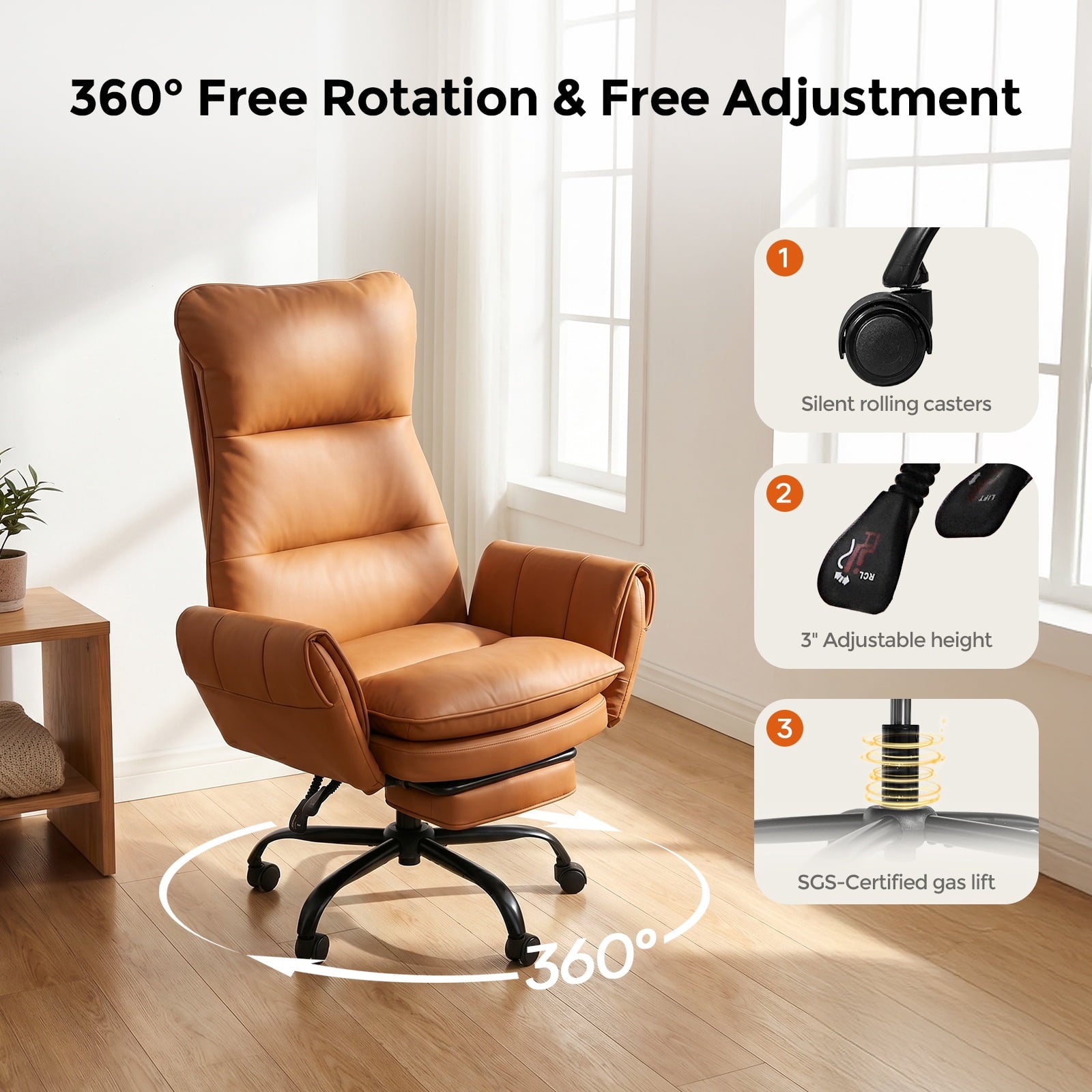 Patbrela Big and Tall Office Chair, PU Leather Swivel Desk Chair Ergonomic Computer Chairs with Adjustable Armrests, Black