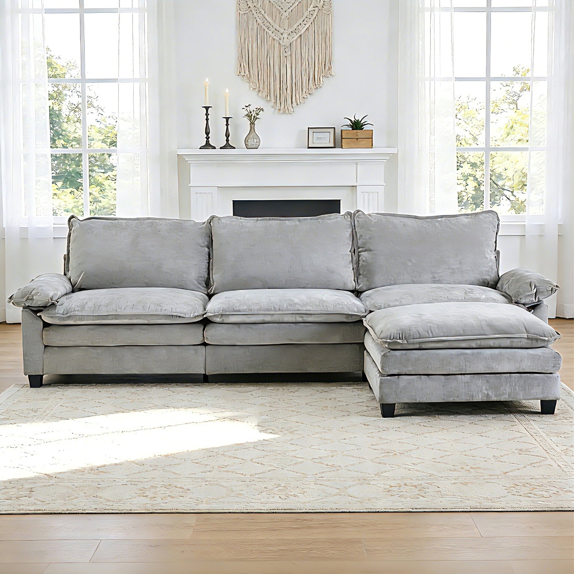 Ktaxon Sectional Sofa L Shaped Couch with Chaise Living Room Sleeper Set, 2 Seats with Chenille and Double Layer Cushions 86 W Beige