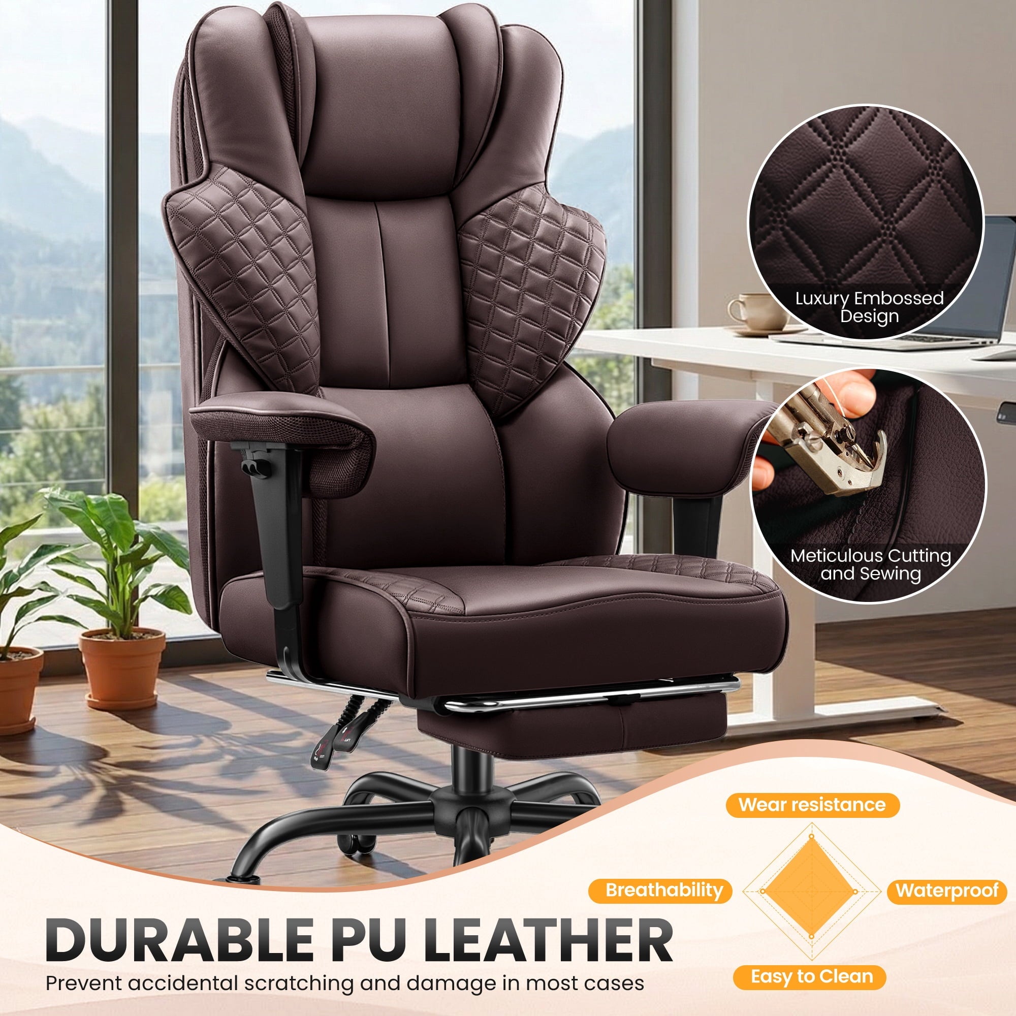COOLHUT Big and Tall Office Chair 500lbs, Heavy Duty Ergonomic Office Desk Chair with Deluxe Embossing PU Leather with Footrest, Executive Gaming Chair with Lumbar Support, Brown