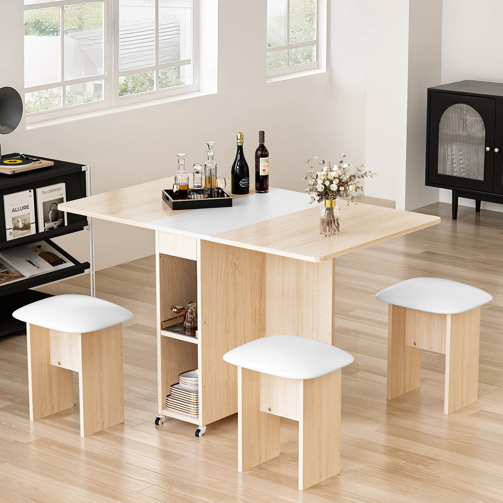 MIERES Folding Dining Table Set for 4, Dinner Table with 4 Leather Chairs and Shelves, Space Saving Foldable Dining Table with 6 Wheels, Kitchen Table for Small Spaces (Grey)