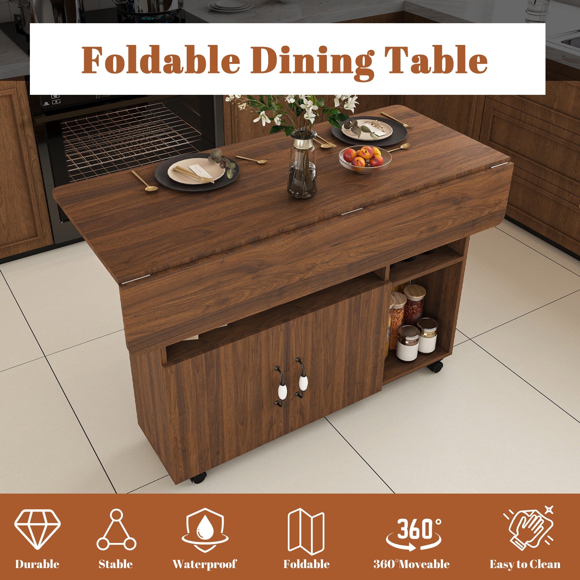 Wohh 47 Inch Folding Dining Table with Storage Shelves & Wheels, Multifunctional Kitchen Desk for Small Spaces, Compact Mobile Computer Desk for Home Office, Dorm, Adjustable Foldable Study Table