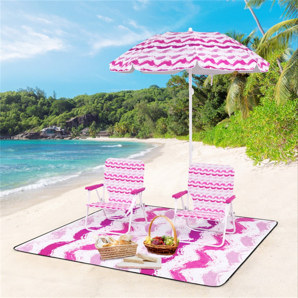 Portable Beach Set 4-Piece Pink – Sun-Proof Umbrella 2 Comfortable Folding Chairs & Large Waterproof Picnic Blanket
