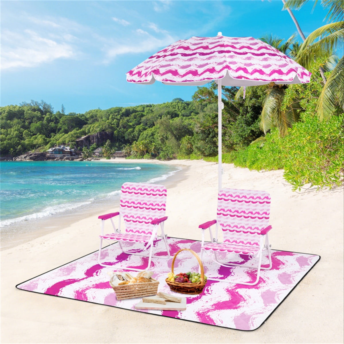 Portable Beach Set 4-Piece Pink – Sun-Proof Umbrella 2 Comfortable Folding Chairs & Large Waterproof Picnic Blanket