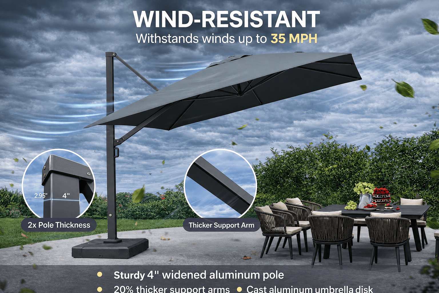 PURPLE LEAF 12 FT Outdoor Cantilever Umbrellas Square Aluminum Windproof Offset Umbrella with 360°Rotation Tilt Adjutable Garden Pool Large Patio Umbrella,Gray