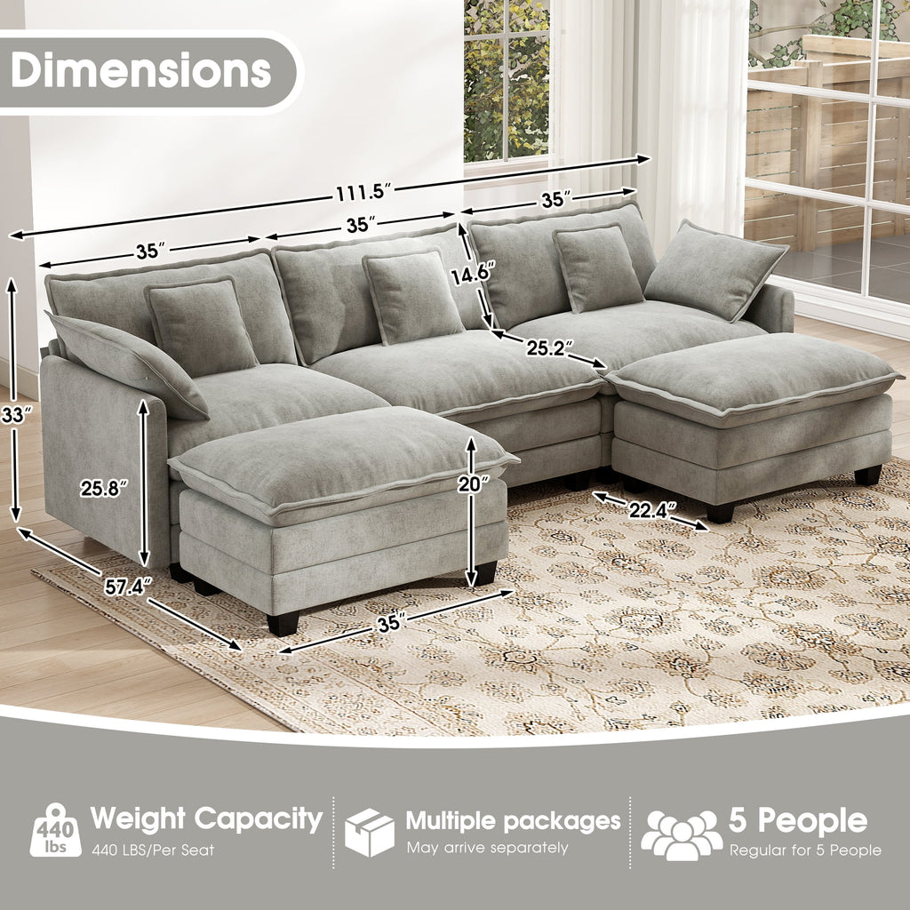 BedLuxury 111.5'' Modular Sectional Sofa with Movable Ottomans, U Shaped Cloud Couch for Living Room, 3-Seat, Grey