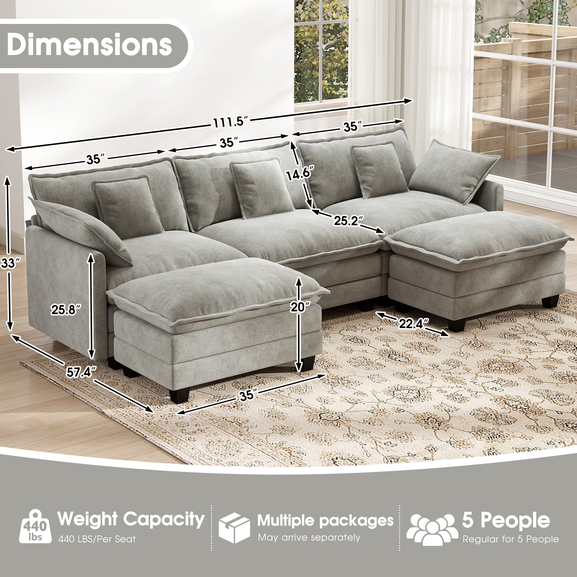 BedLuxury 111.5'' Modular Sectional Sofa with Movable Ottomans, U Shaped Cloud Couch for Living Room, 3-Seat, Grey