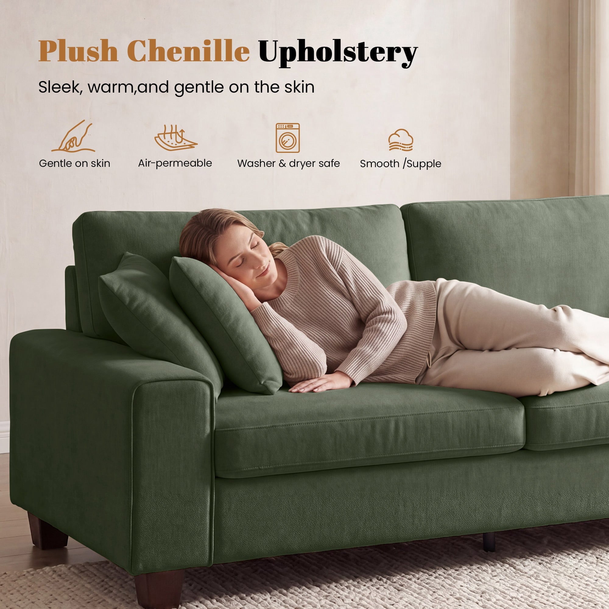 Poshby 88.58''W 3 Seater Sofa Couch with Chenille, Modern Square Arm for Living Room, Light Gray