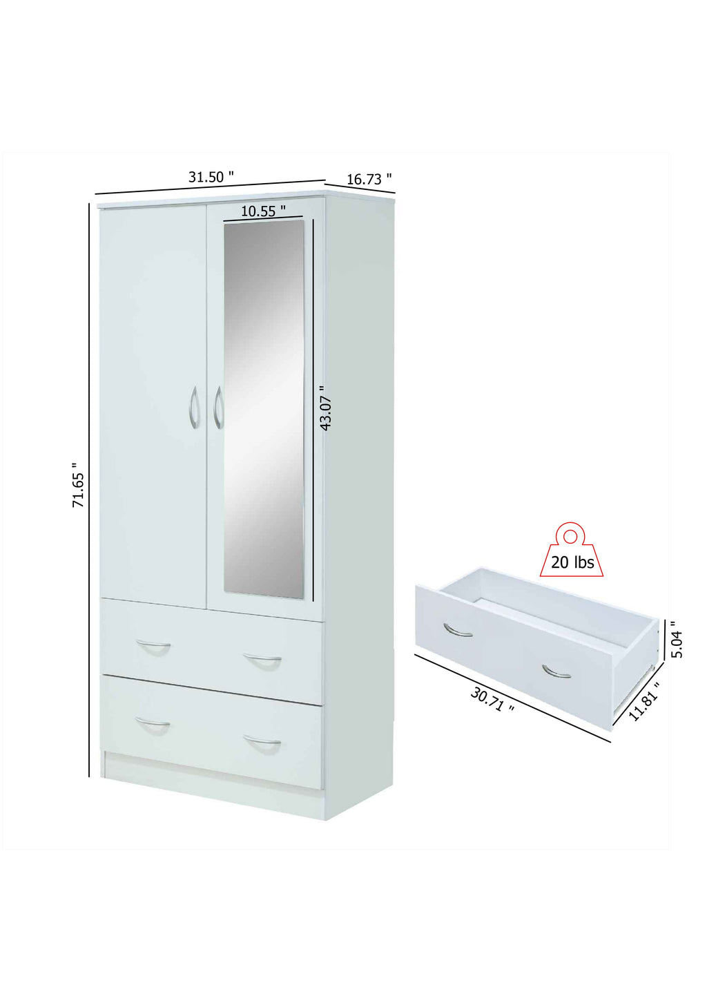 Hodedah Two Door Wardrobe with Two Drawers and Hanging Rod plus Mirror, Black
