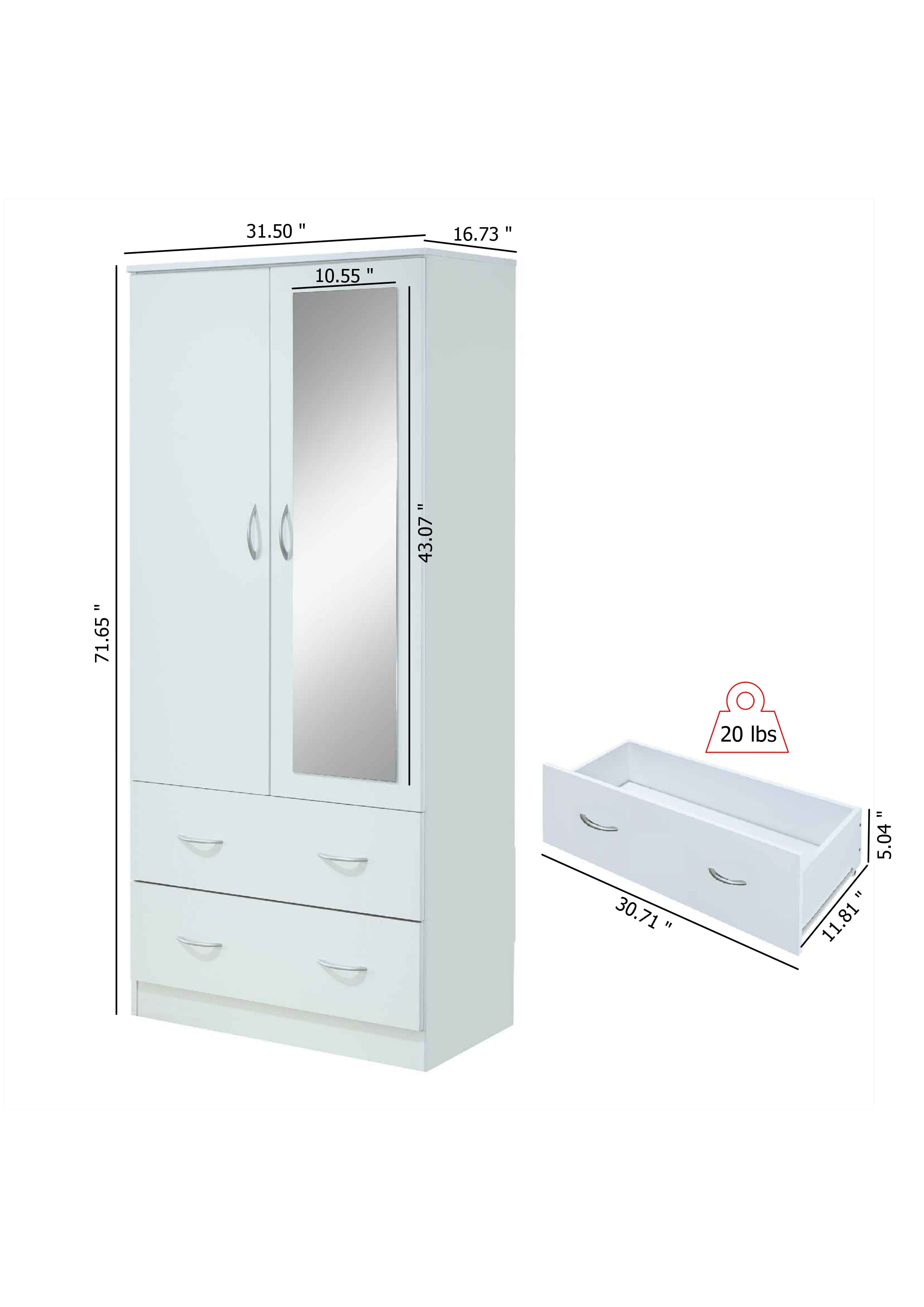 Hodedah Two Door Wardrobe with Two Drawers and Hanging Rod plus Mirror, Black