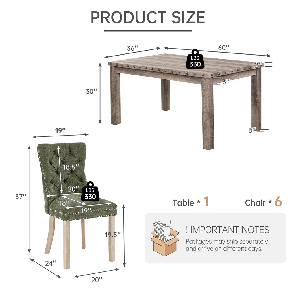 Farmhouse Dining Table Set for 6, Rectangular Wooden Table& 6 Upholstered Kitchen Chairs with Nailhead Accents for Dining Hub,Breakfast Nook