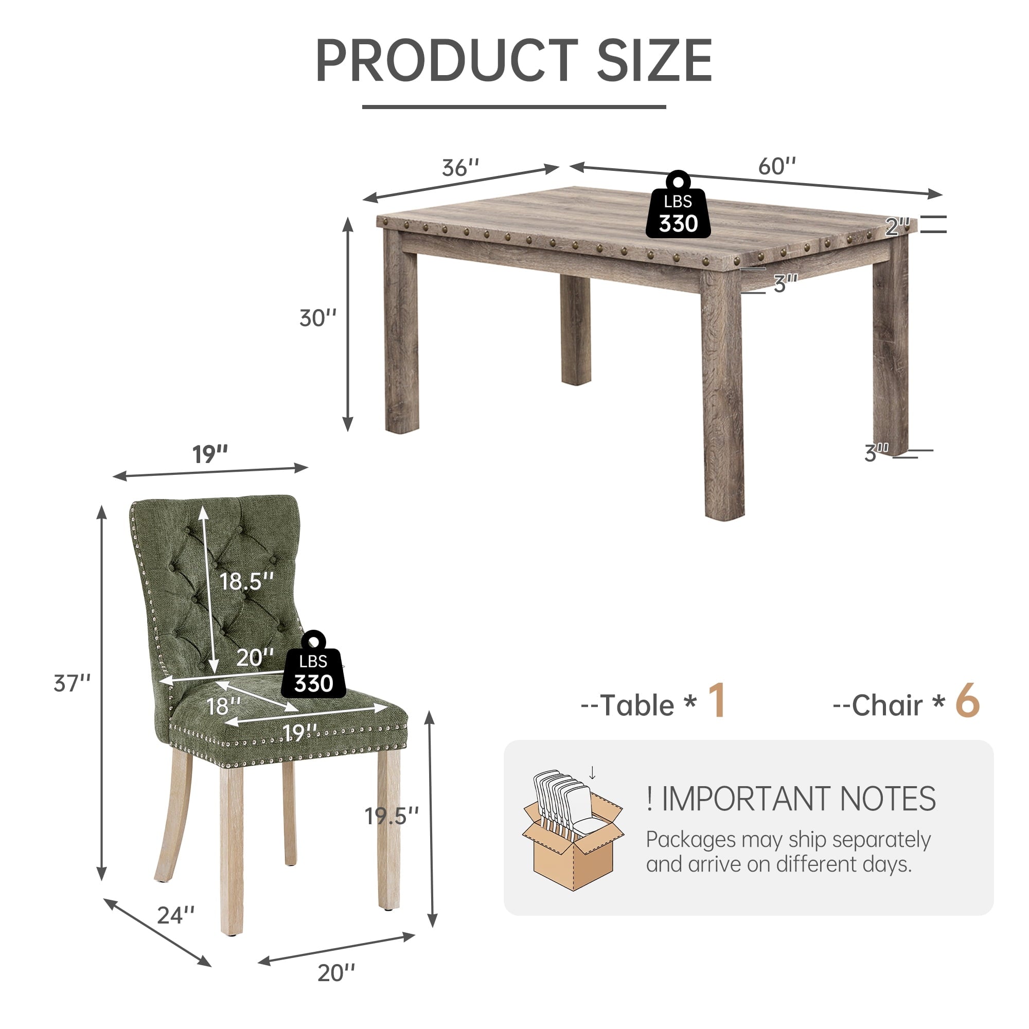 Farmhouse Dining Table Set for 6, Rectangular Wooden Table& 6 Upholstered Kitchen Chairs with Nailhead Accents for Dining Hub,Breakfast Nook