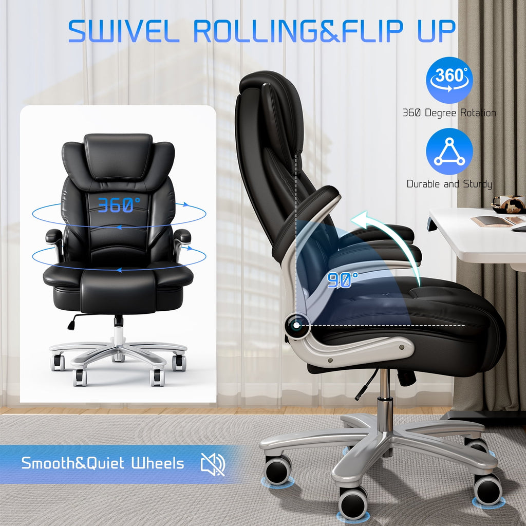 Ninecer Big and Tall Office Chair 400lb Wide Seat, Ergonomic High Back Leather Executive Desk Chair, Computer Chair with Flip-up Arms, Black