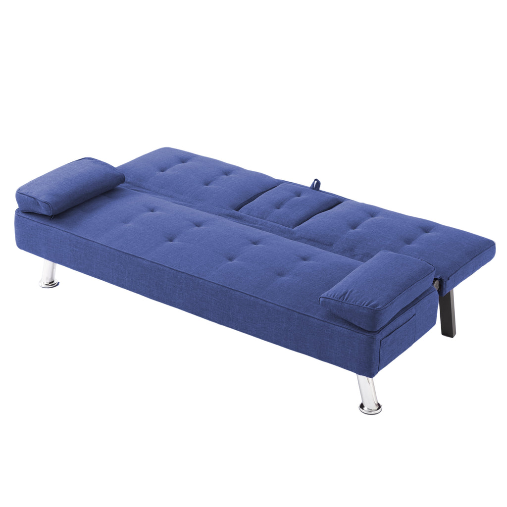 BSHTI 65 Modern Velvet Futon Sofa Bed with Drop Down Cup Holders, 3-Position Adjustable Backrest, Removable Arm Cushions, Chrome Legs for Living Room & Guest Room Black