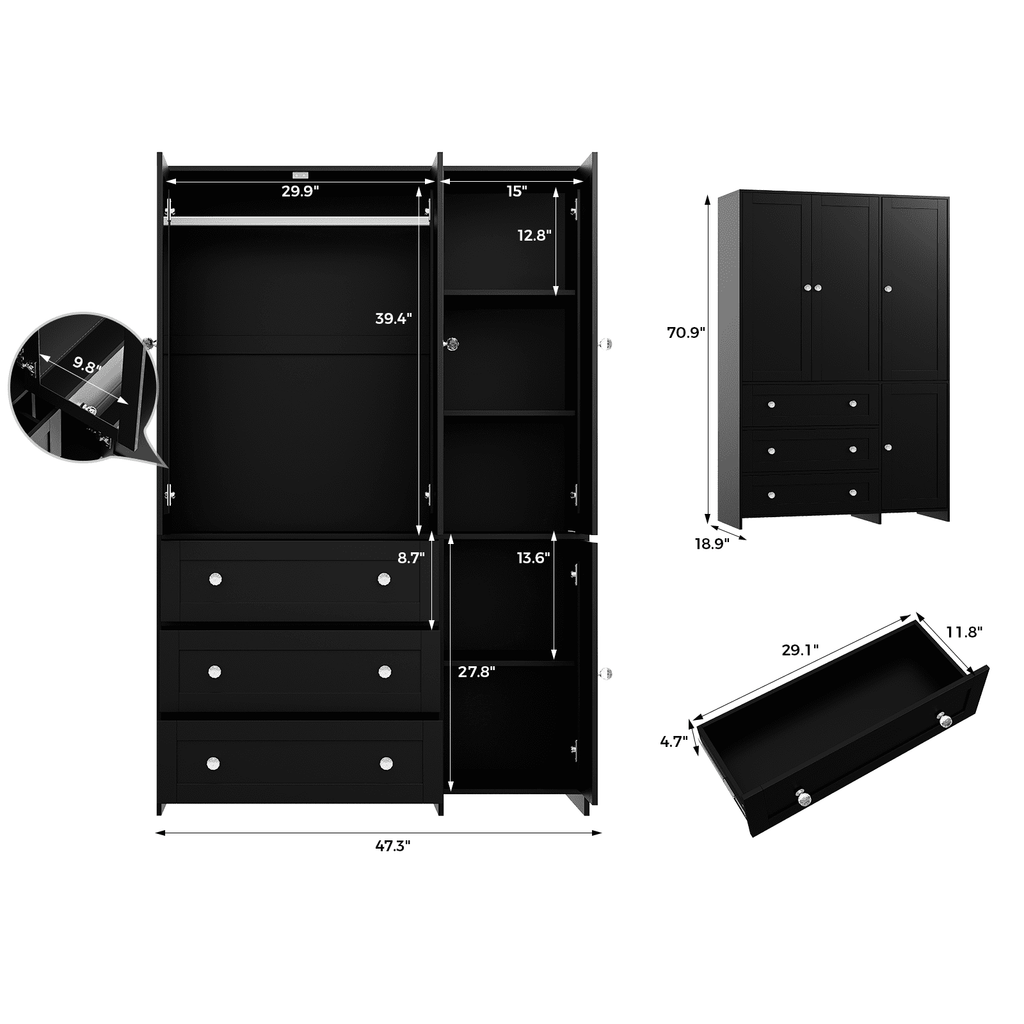 Richya Wardrobe Closet Armoire Storage Cabinet 3 Doors with Hanging Rod for Hanging Clothes Bedroom Large Capacity Tall Freestanding Armoire Organizer with Shelves particle board
